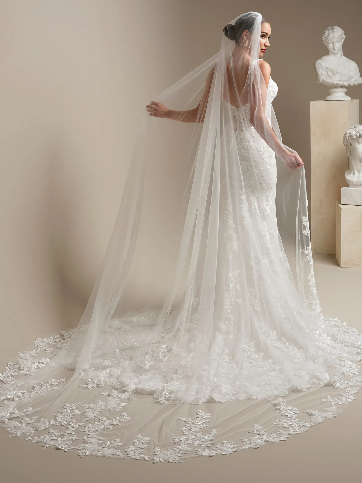 Sottero and Midgley West Cathedral Veil, back view with beaded lace motifs.