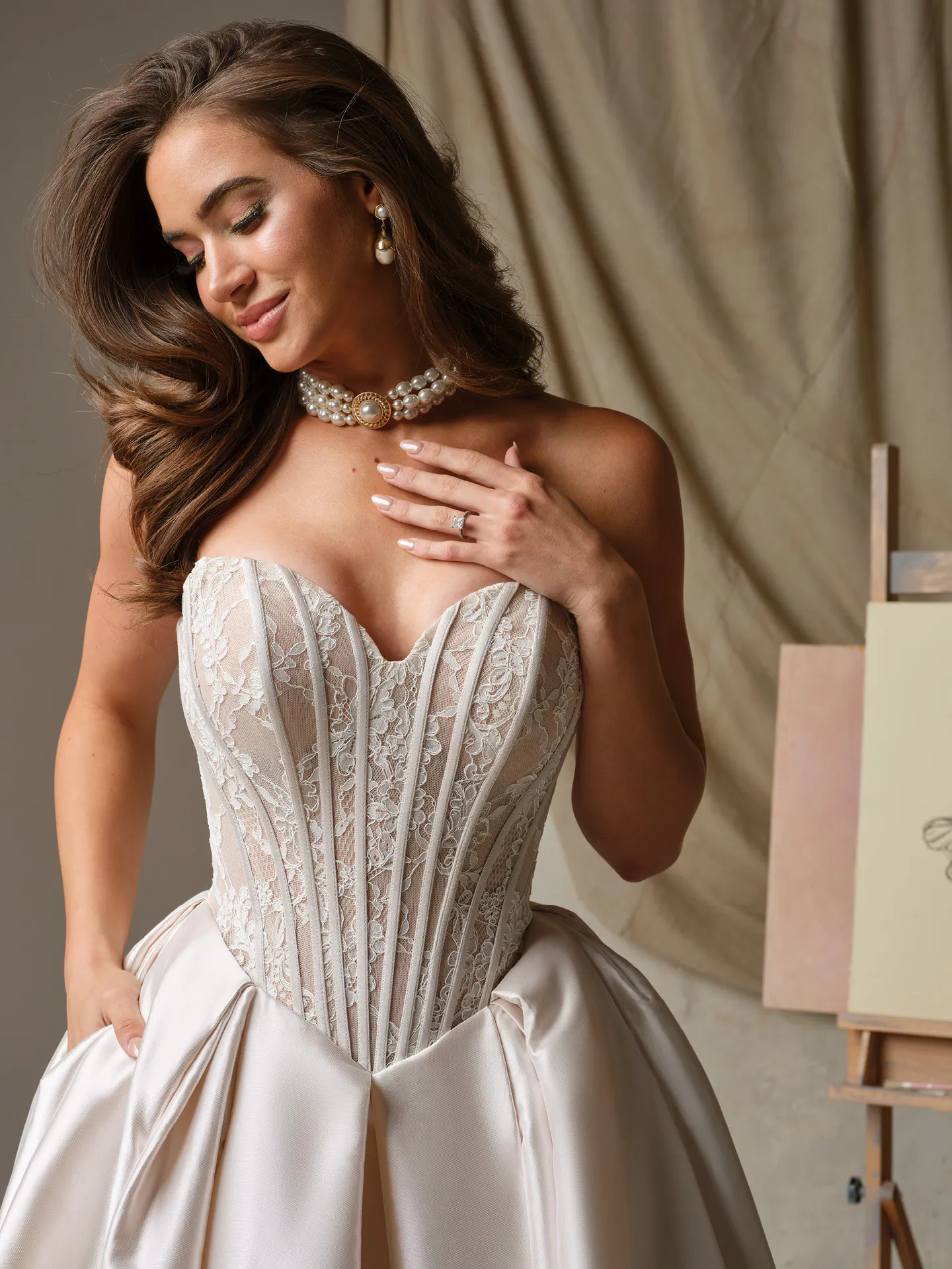 Maggie Sottero Ashland strapless mikado ballgown, front view.