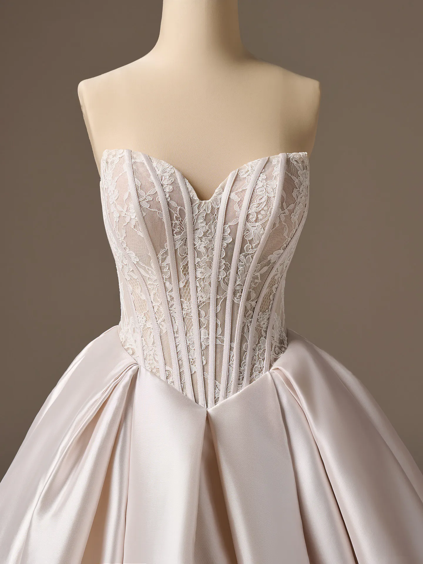 Ashland strapless Mikado ballgown, front view lace bodice Maggie Sottero.