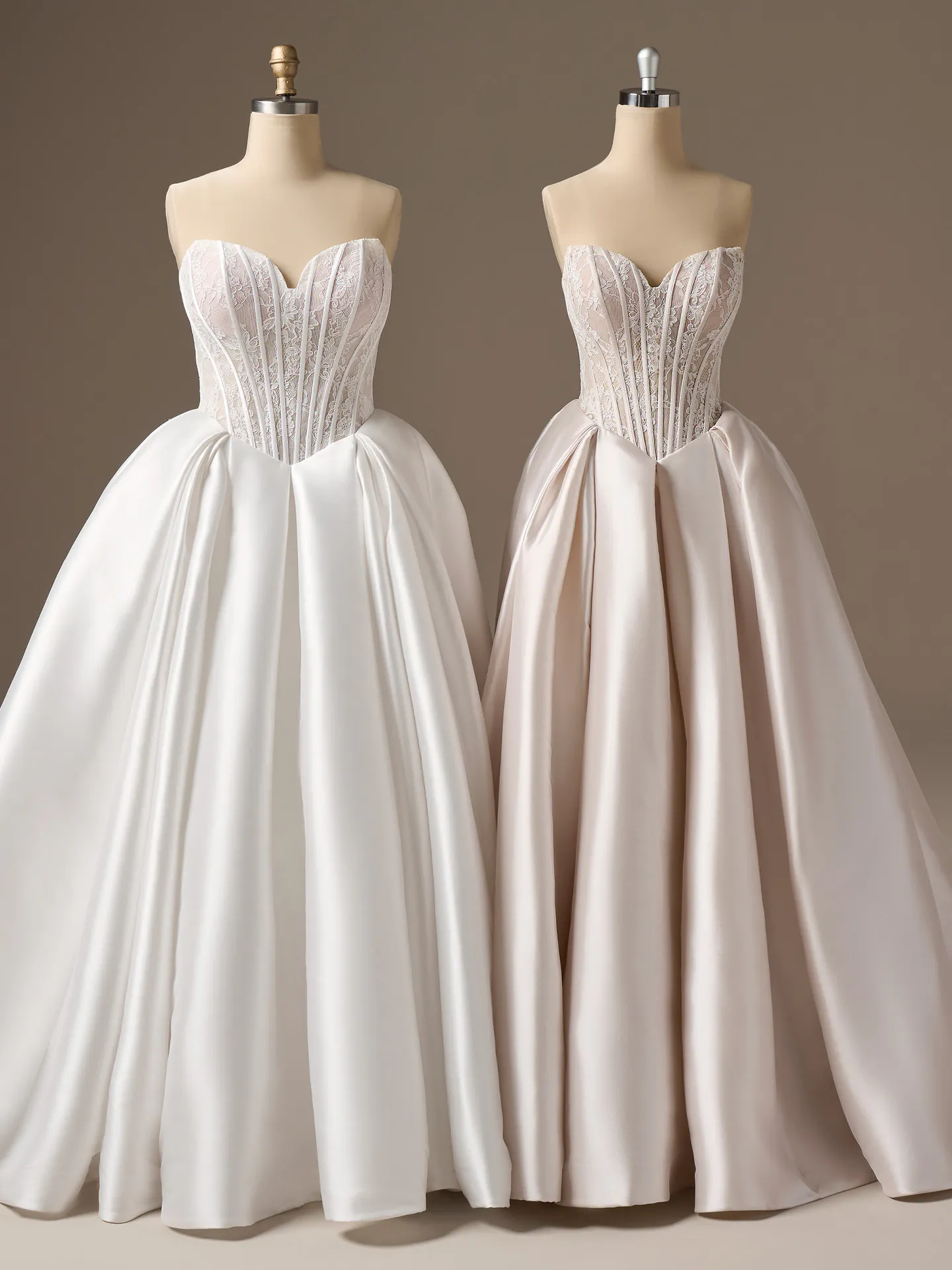 Ashland strapless Mikado ballgown, front view on mannequins, Maggie Sottero.