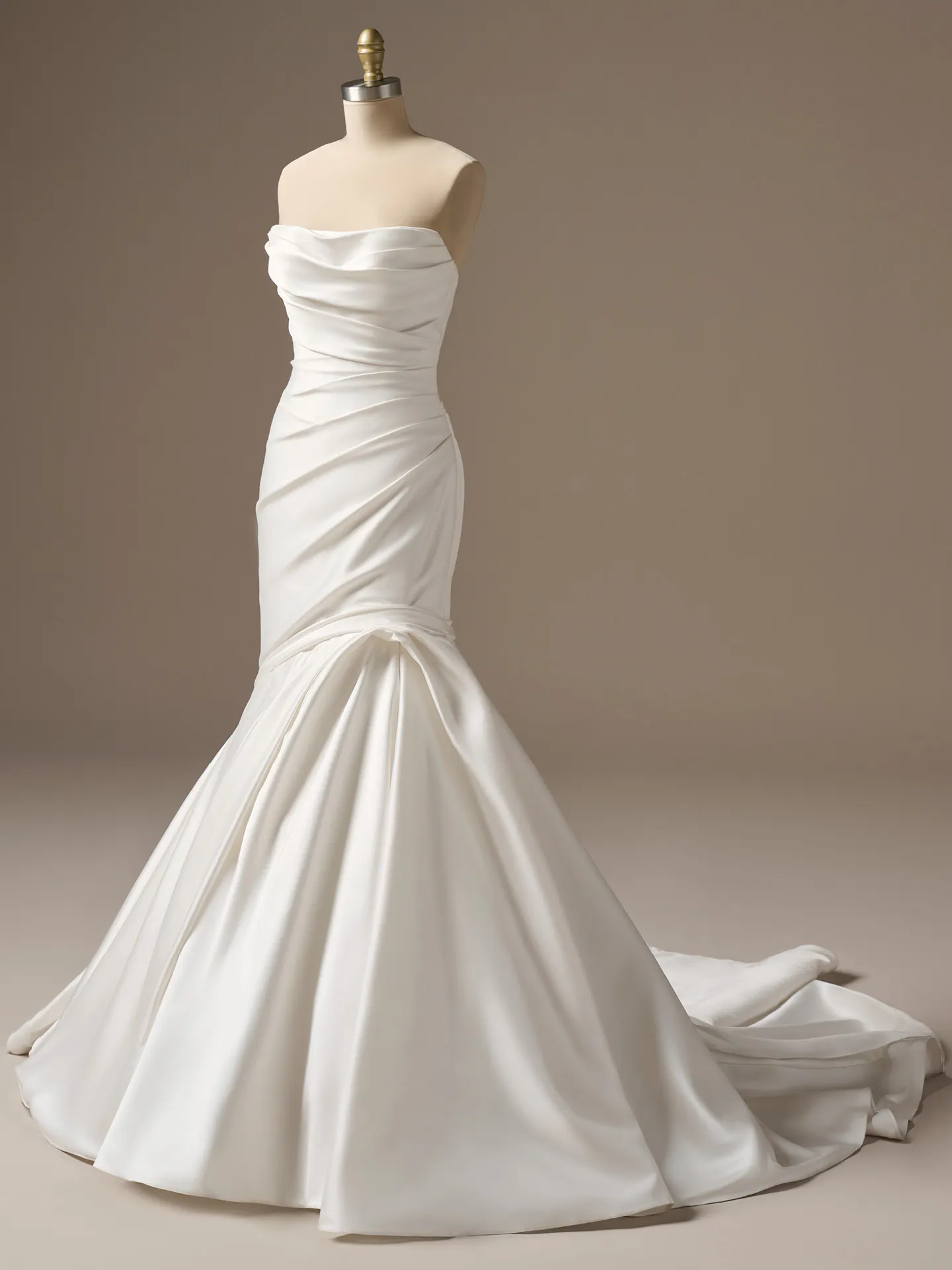 Maggie Sottero Emelina strapless satin fit-and-flare wedding dress, front view.