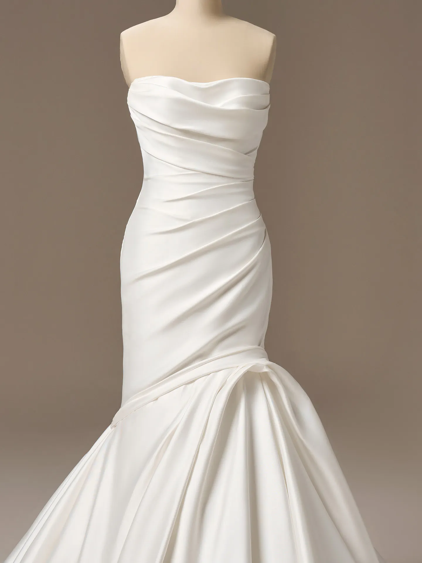 Maggie Sottero Emelina, front view strapless satin fit-and-flare wedding dress.