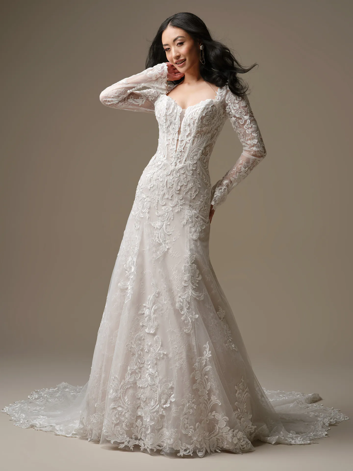 Maggie Sottero Farrah, front view, lace A-line wedding dress with long lace sleeves.