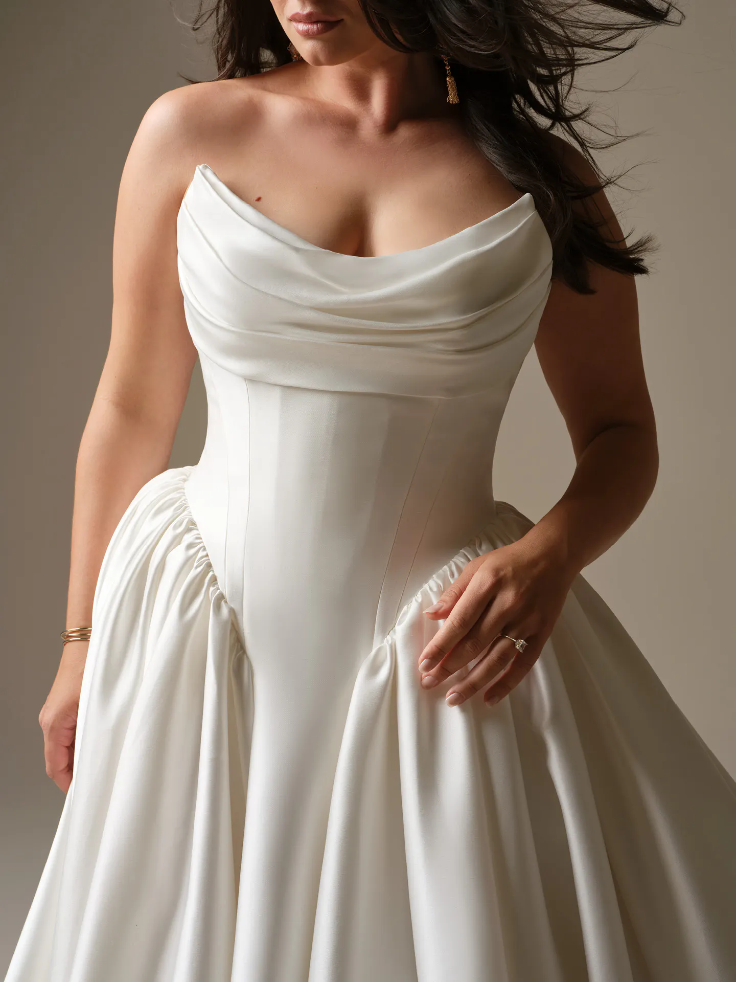 Maggie Sottero Hudson, front view strapless draped bodice ballgown wedding dress.