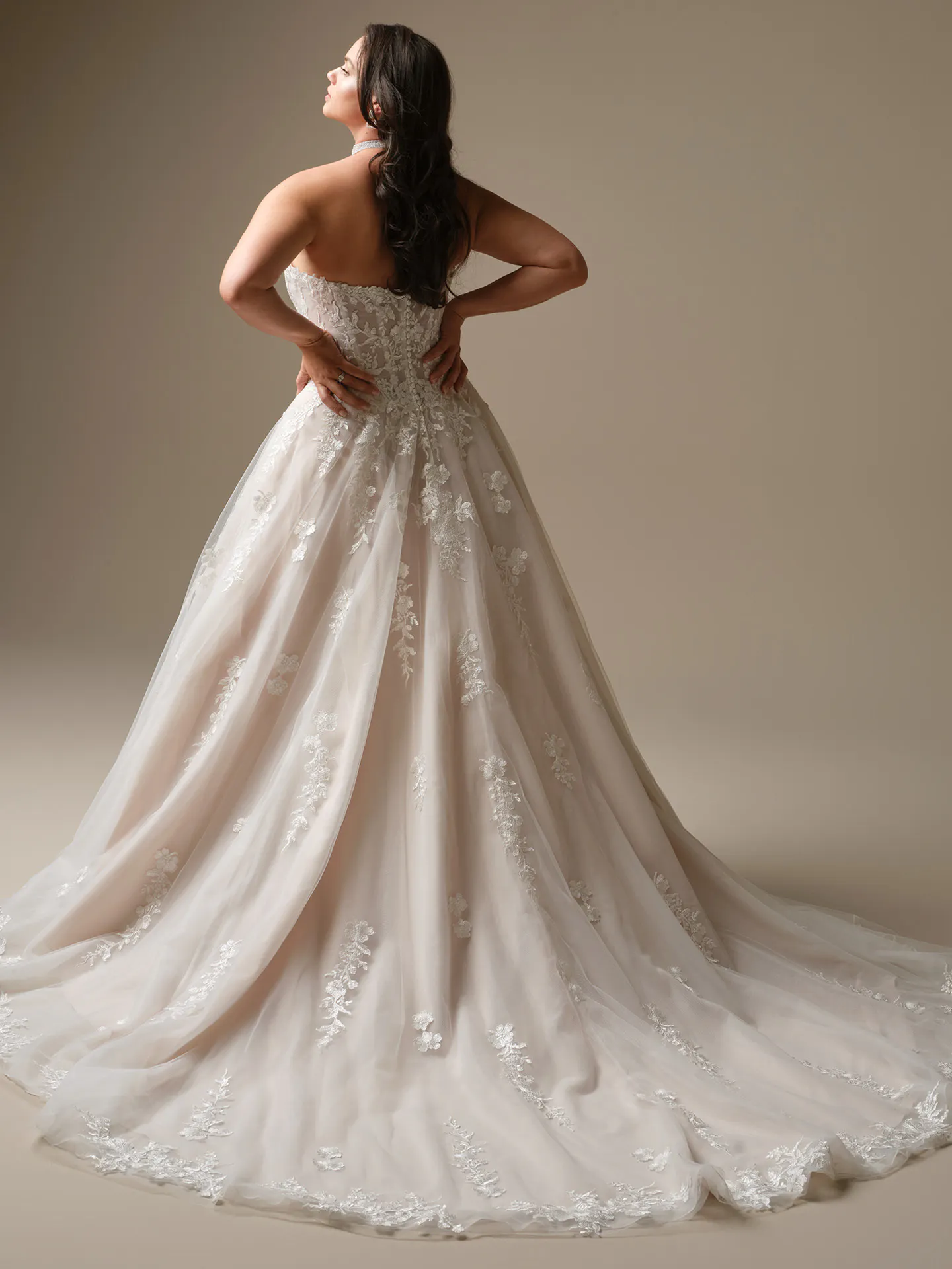 Maggie Sottero Jennifer, back view A-Line sequin wedding dress with floral lace detail.