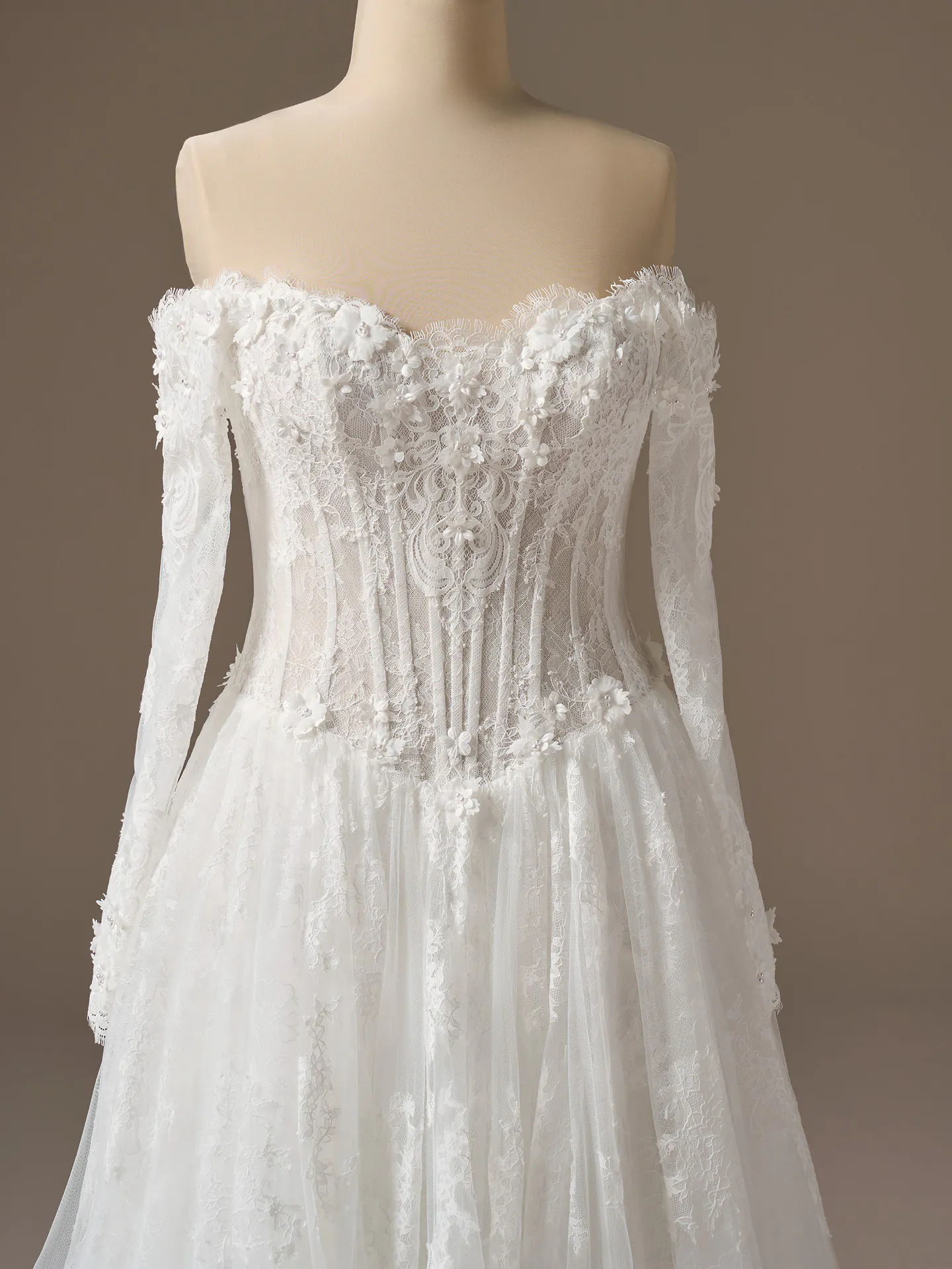 Maggie Sottero Kitaro lace off-shoulder ballgown, front view.