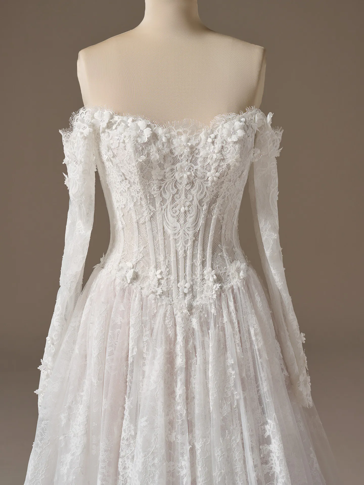 Maggie Sottero Kitaro, front view, off-the-shoulder 3D lace ballgown wedding dress.