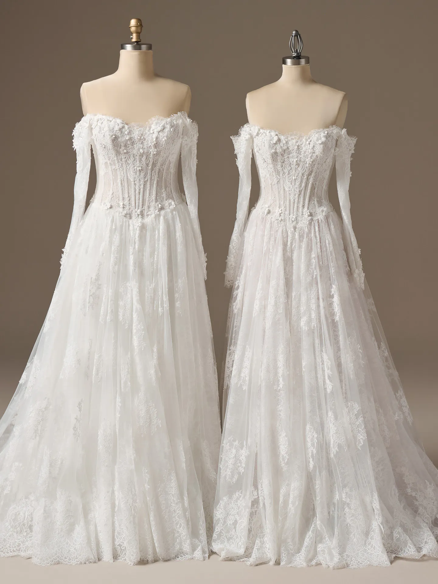 Maggie Sottero Kitaro lace ballgown, front view on mannequins.