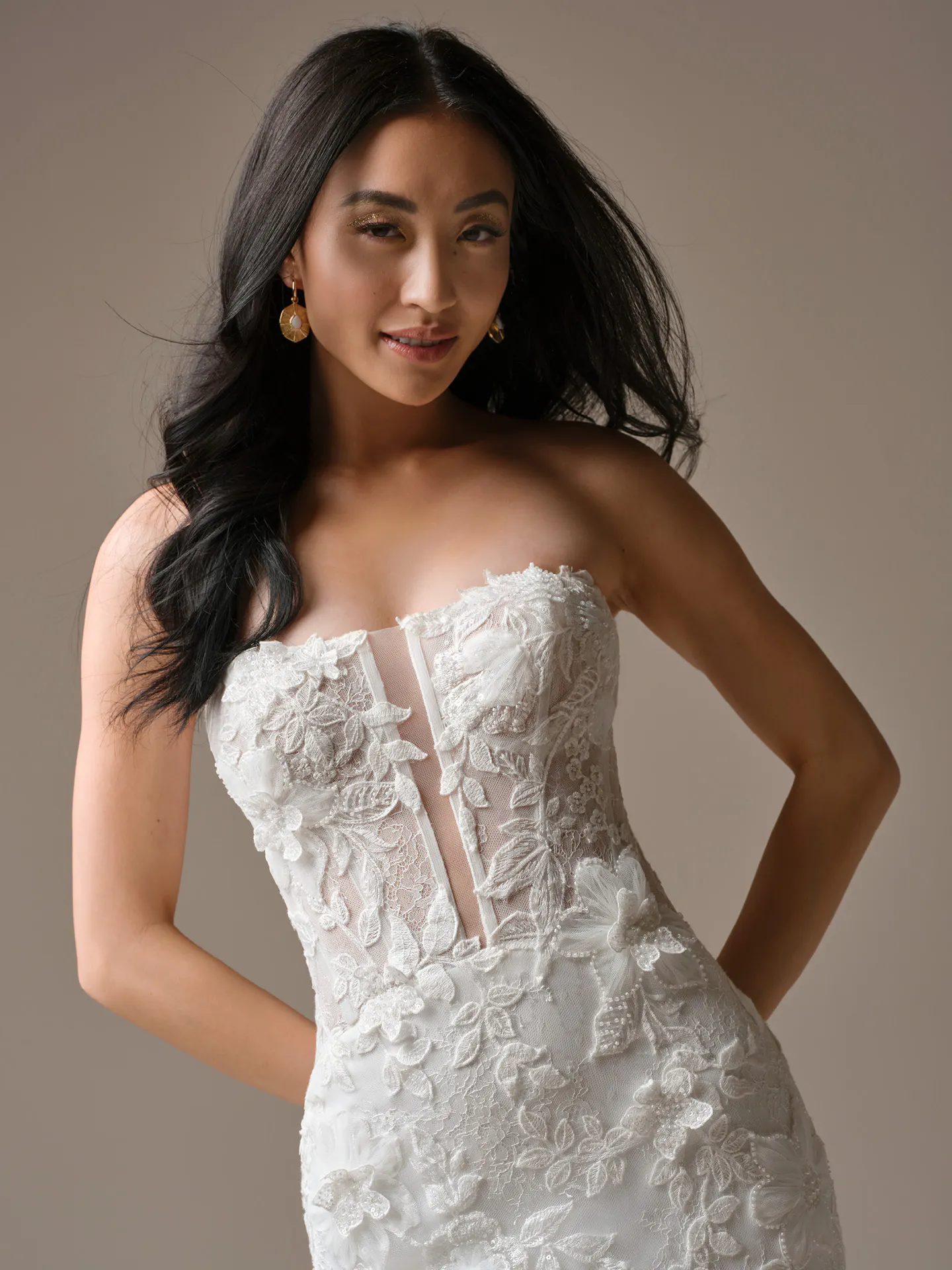 Maggie Sottero Laurie, front view, floral lace strapless wedding dress.