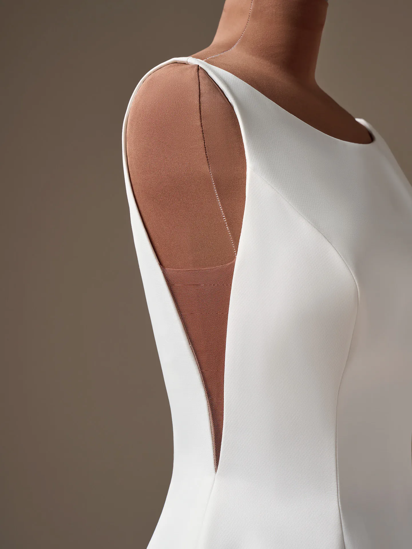 Lawrence satin A-line dress, side view with bateau neck detail, Maggie Sottero.
