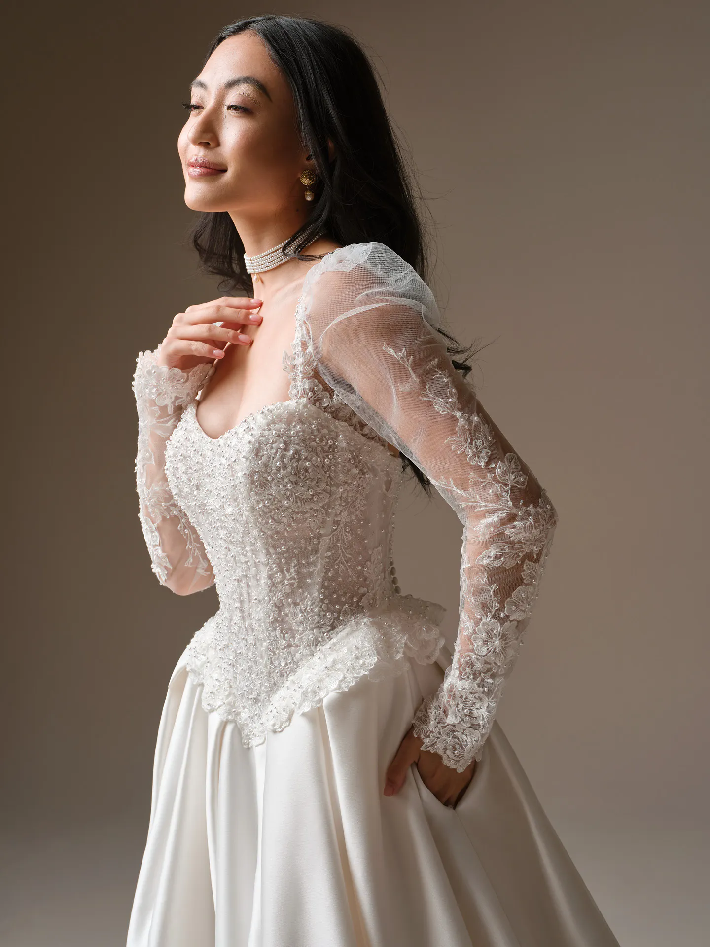 Maggie Sottero London, side view beaded lace ballgown wedding dress.