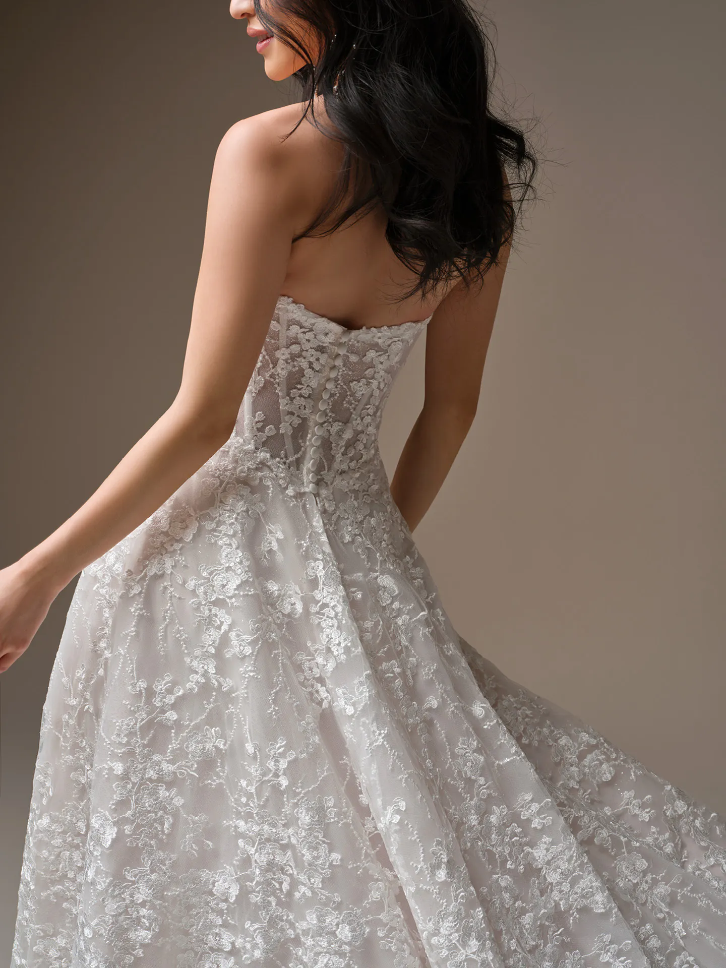 Maggie Sottero Sottero Memphis, back view lace A-line wedding dress.
