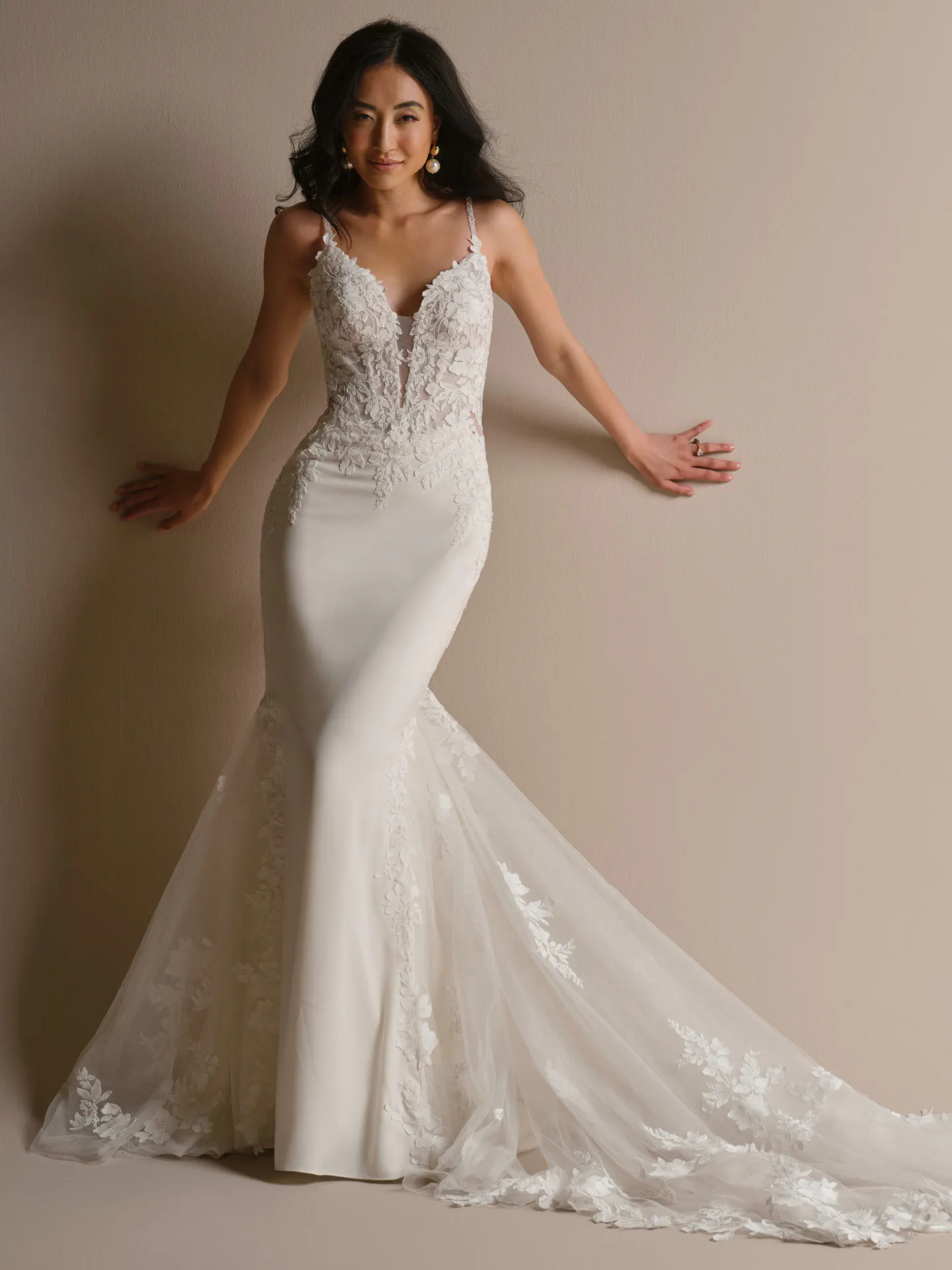 Noelle beaded lace sheath wedding dress, front view Maggie Sottero.
