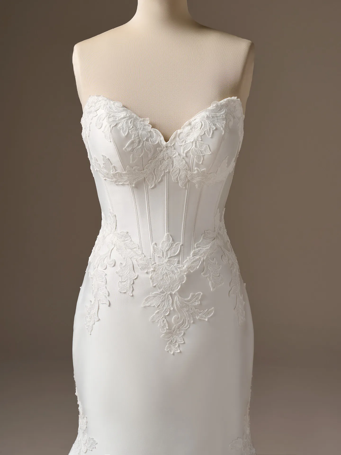 Serafina satin ball gown, front view with lace details and basque waist.