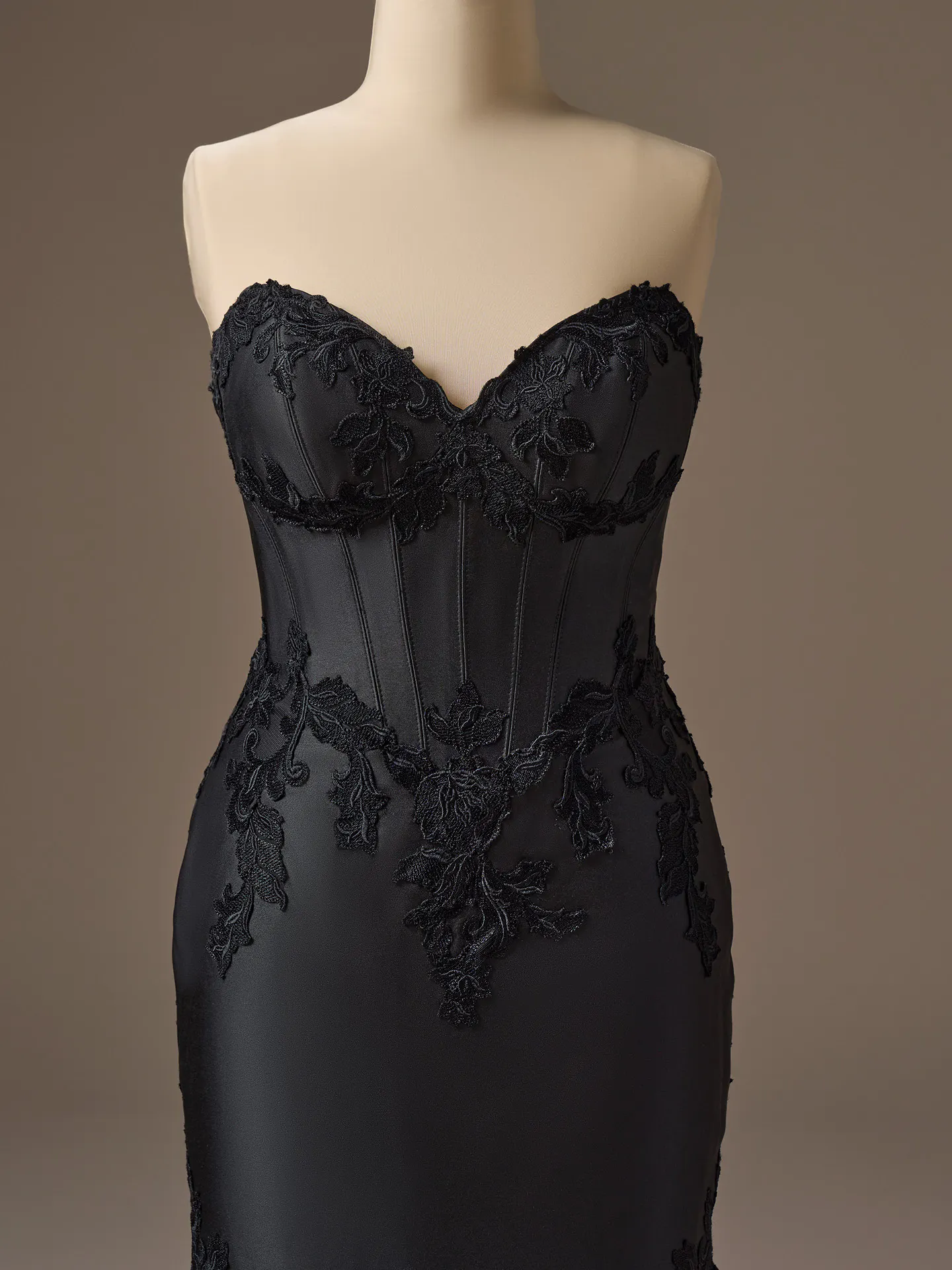 Sottero and Midgley Serafina, front view black lace satin ball gown.
