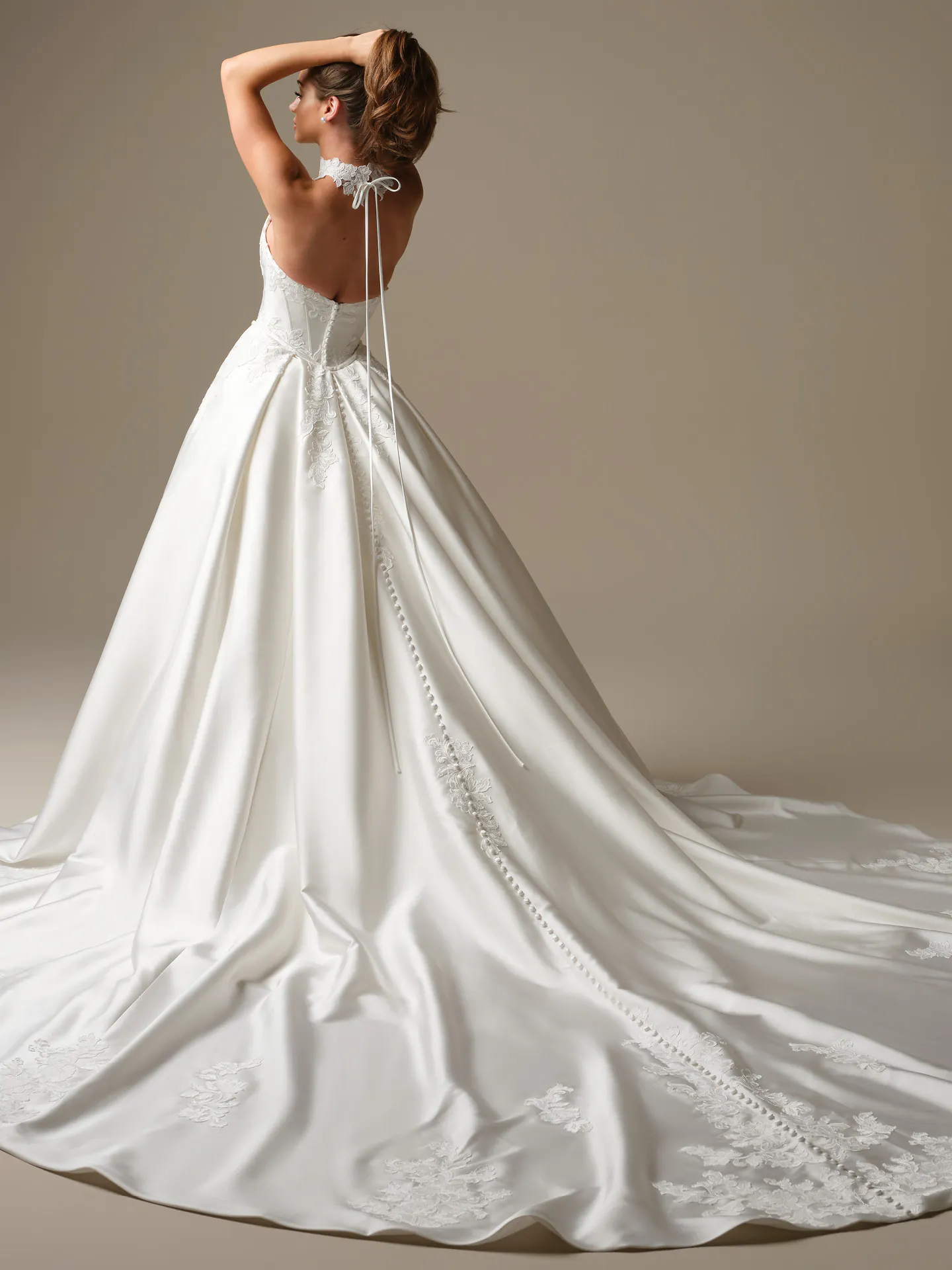 Serafina basque waist satin ball gown, back view with lace details.