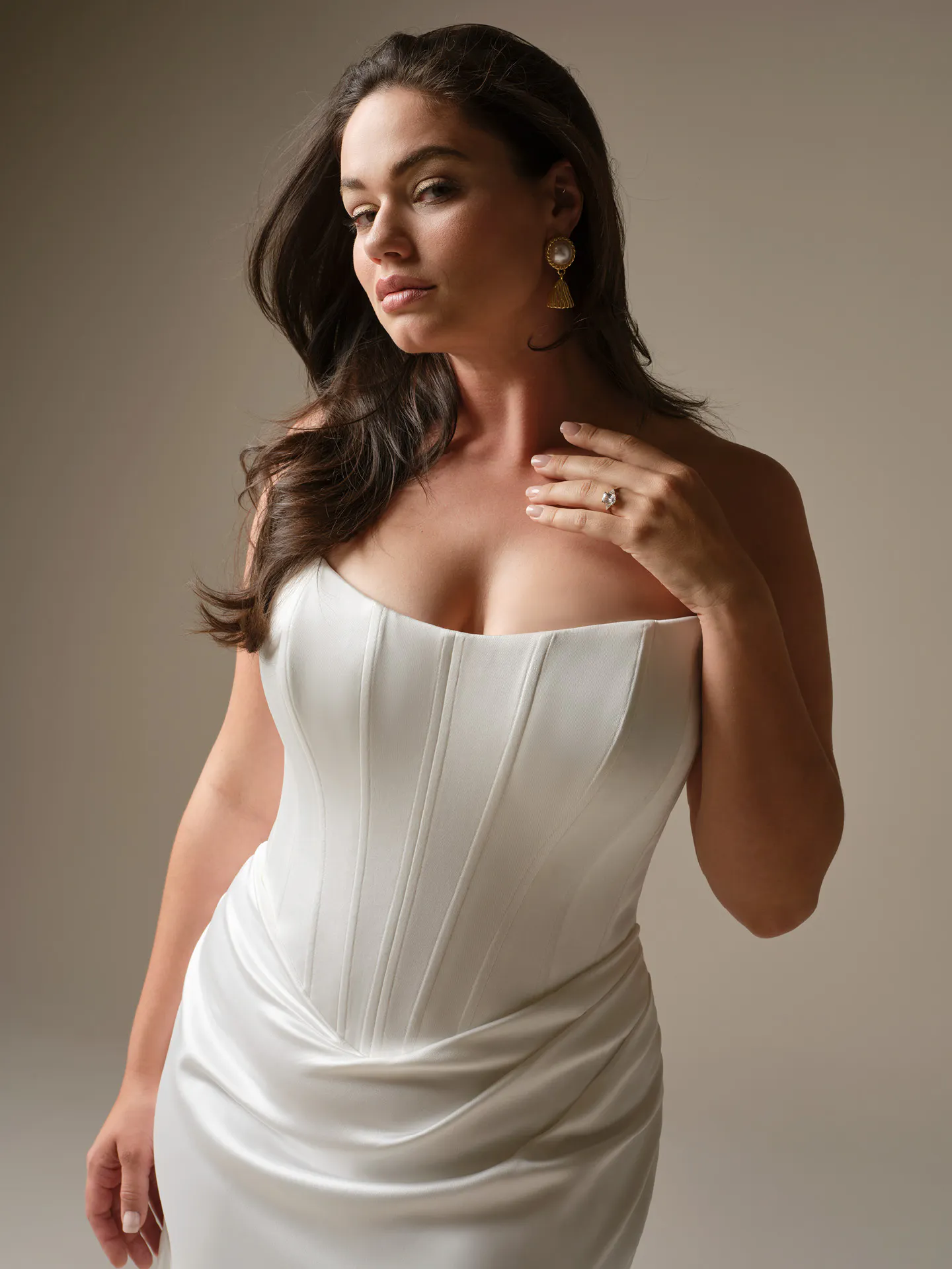 Maggie Sottero Sinclaire cat eye sheath dress, front view.