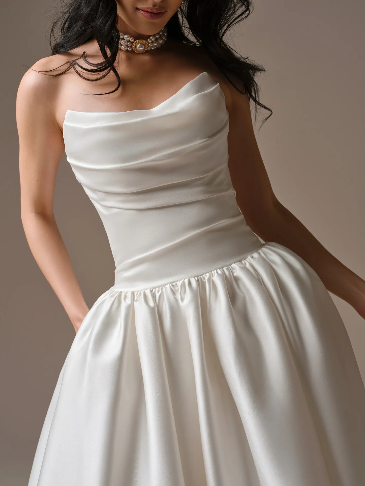 Maggie Sottero Sylvana, front view draped satin A-Line dress.