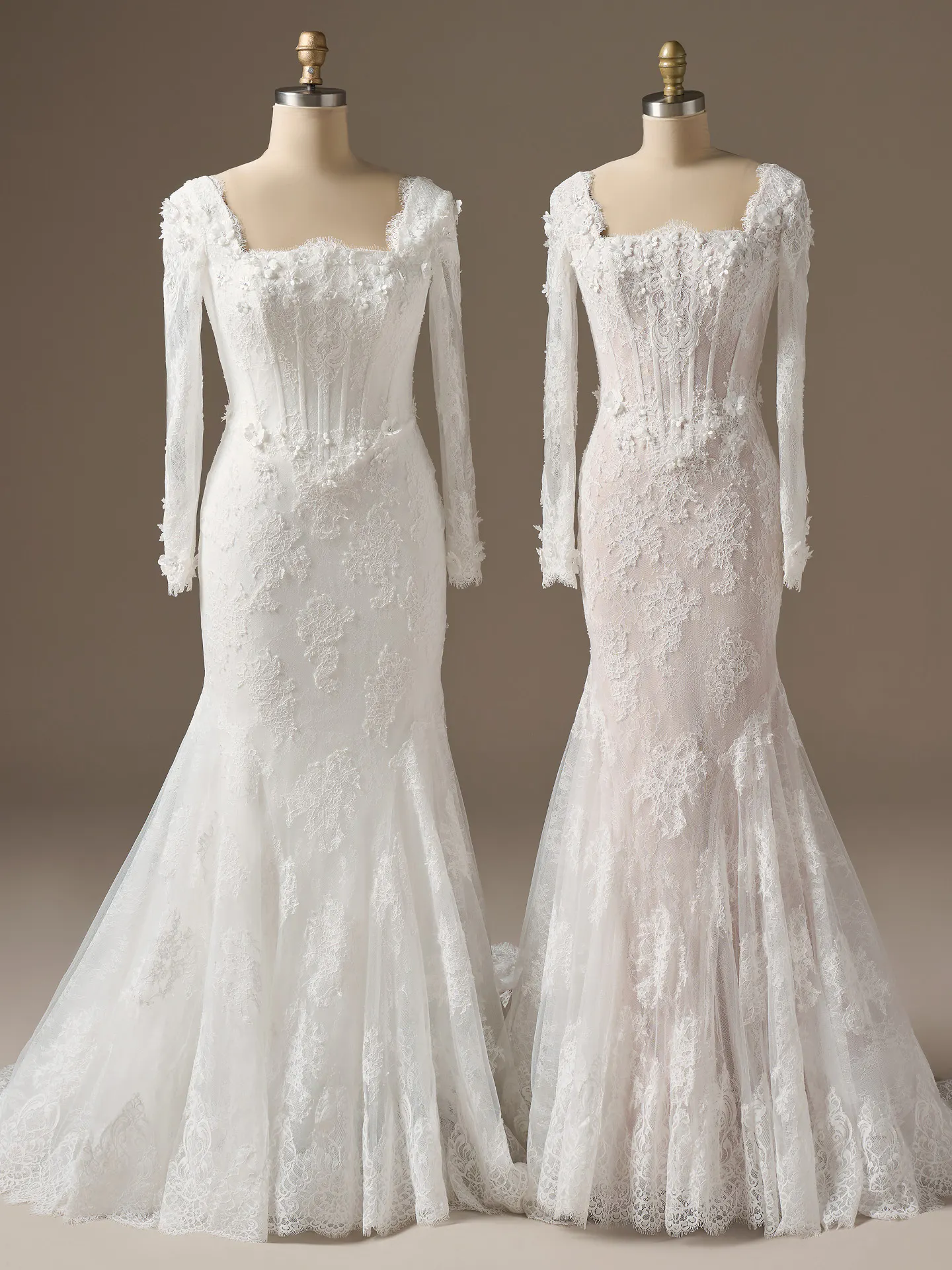 Maggie Sottero Takera floral lace mermaid gowns displayed on mannequins, emphasizing intricate lace details.