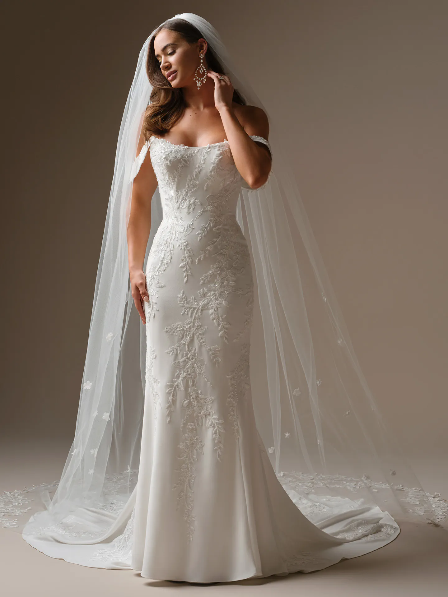 Maggie Sottero Thera, front view fit-and-flare sequin lace wedding dress.