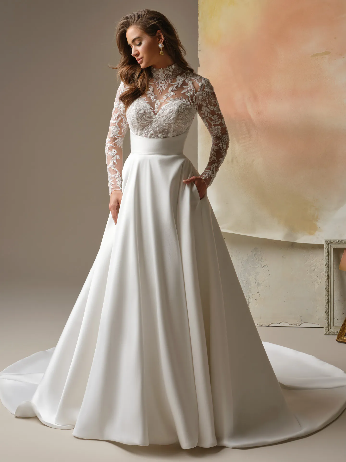 Maggie Sottero Trinity mock neck A-line, front view.