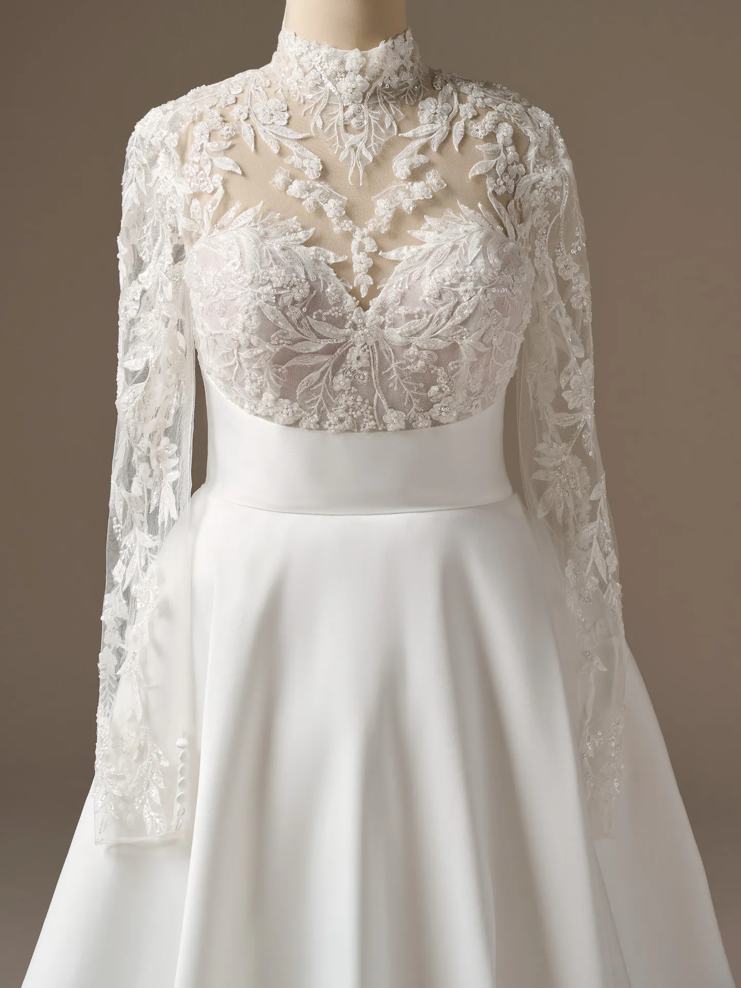 Maggie Sottero Trinity A-Line dress, front view with lace mock neck and sleeves.