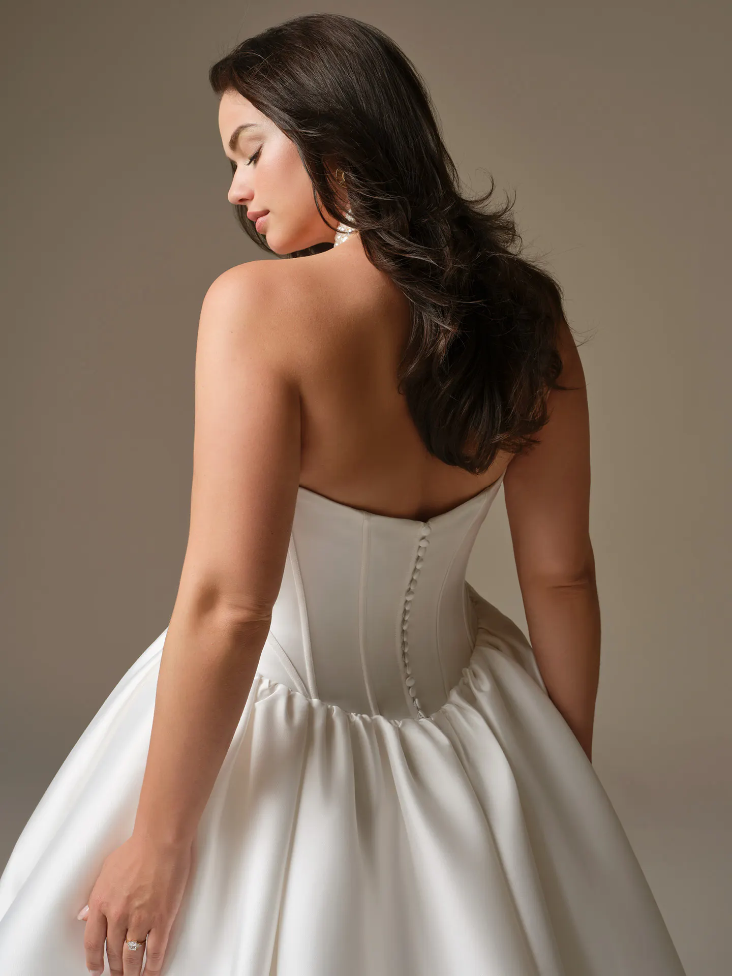 Maggie Sottero Yuma cowl neck ballgown, back view with button details, Maggie Sottero.