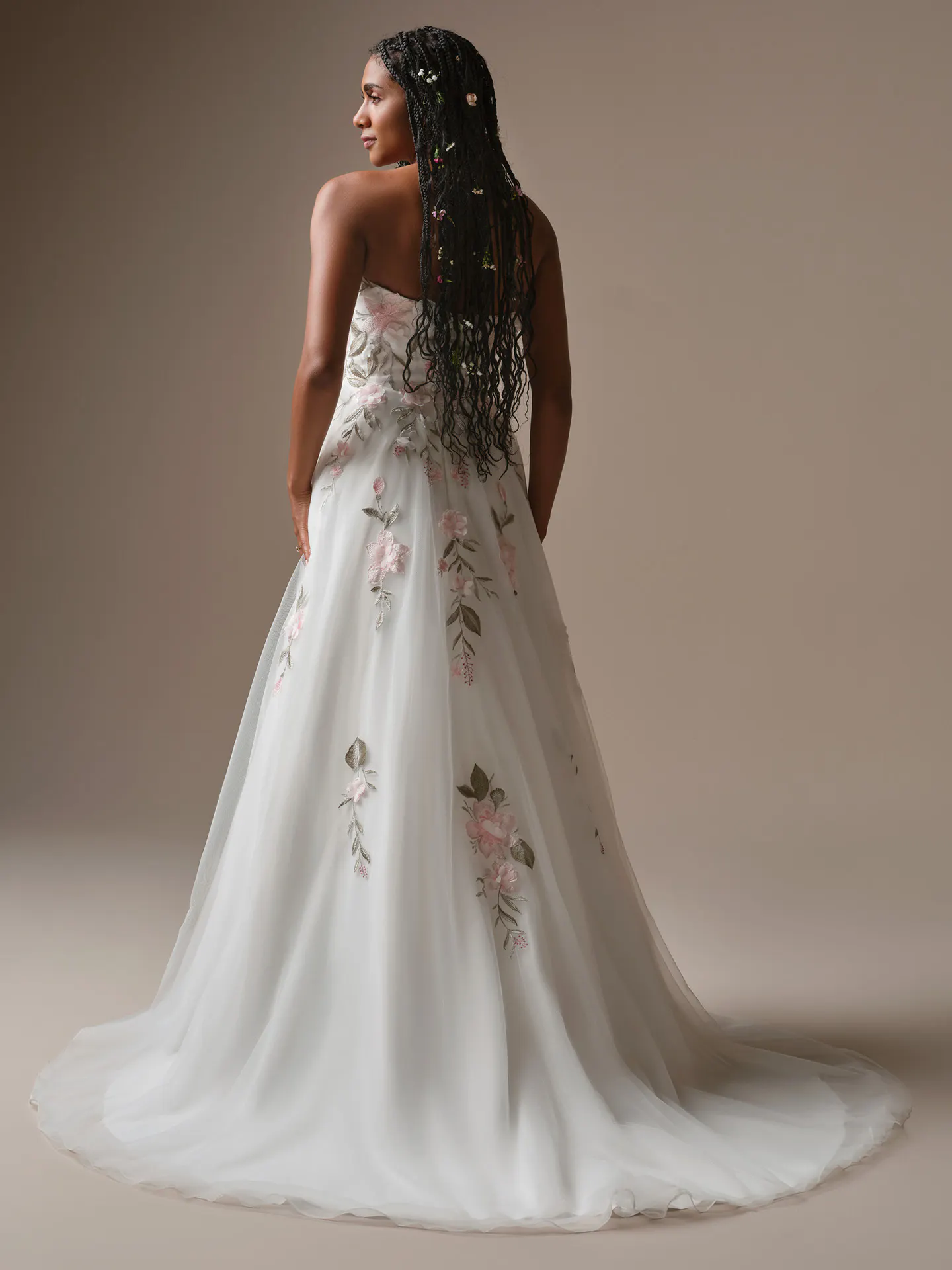 Rebecca Ingram Blossom A-Line dress, back view, floral lace details.