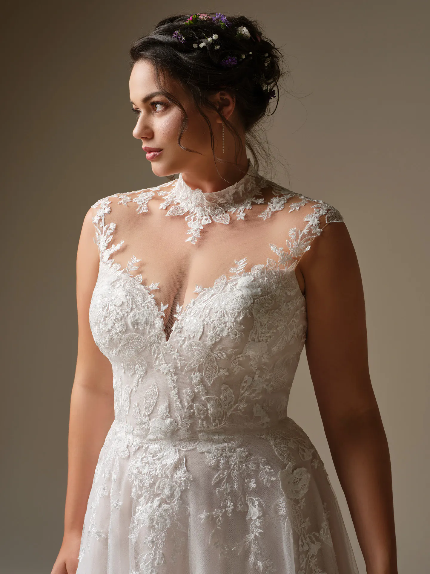 Rebecca Ingram Cody, front view lace A-line wedding dress with illusion neckline.