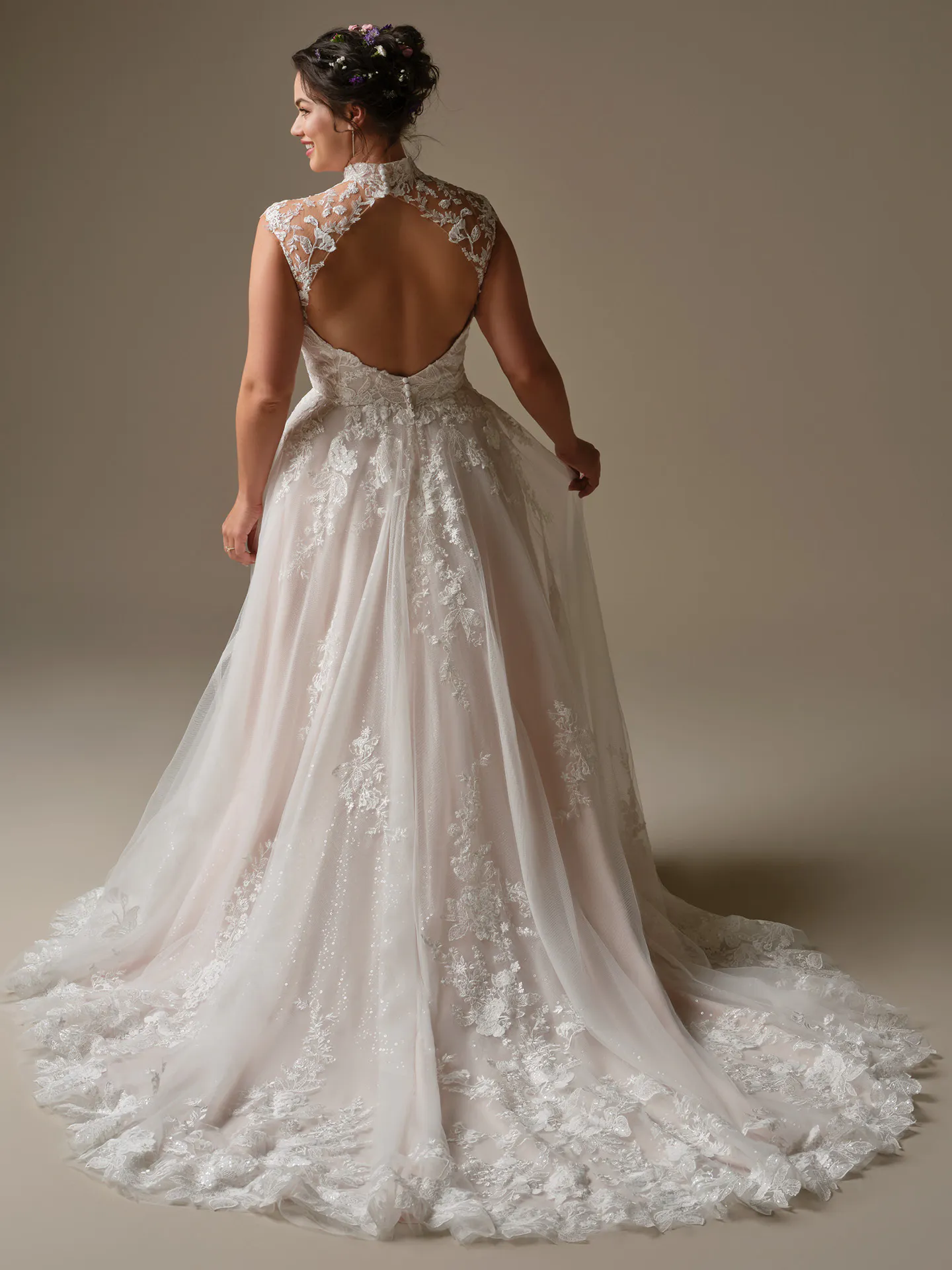 Rebecca Ingram Cody A-Line, back view with lace and sequin details.