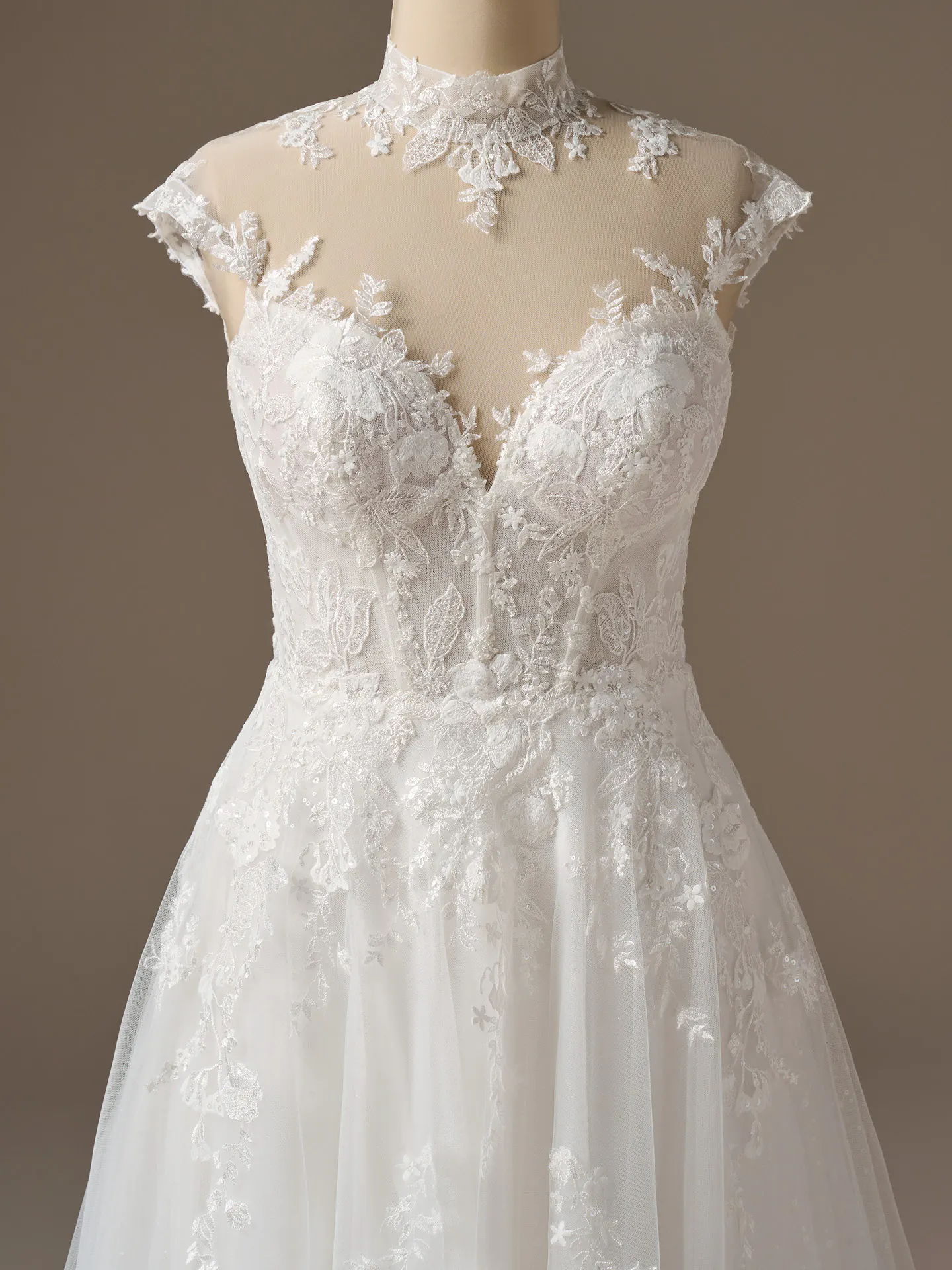 Rebecca Ingram Cody, front view lace illusion neckline A-line wedding dress.