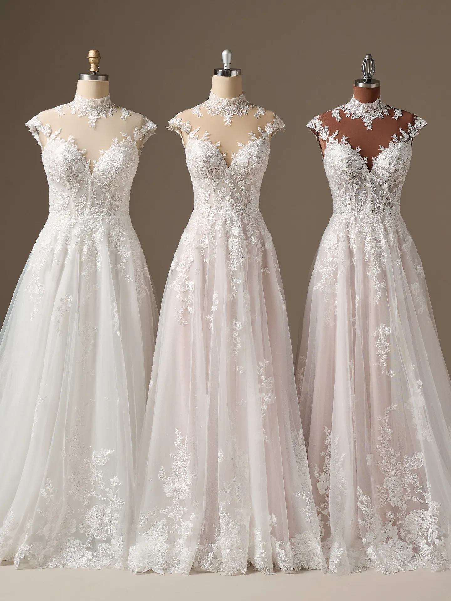 Rebecca Ingram Cody A-Line sequin lace dresses on mannequins,, front view.