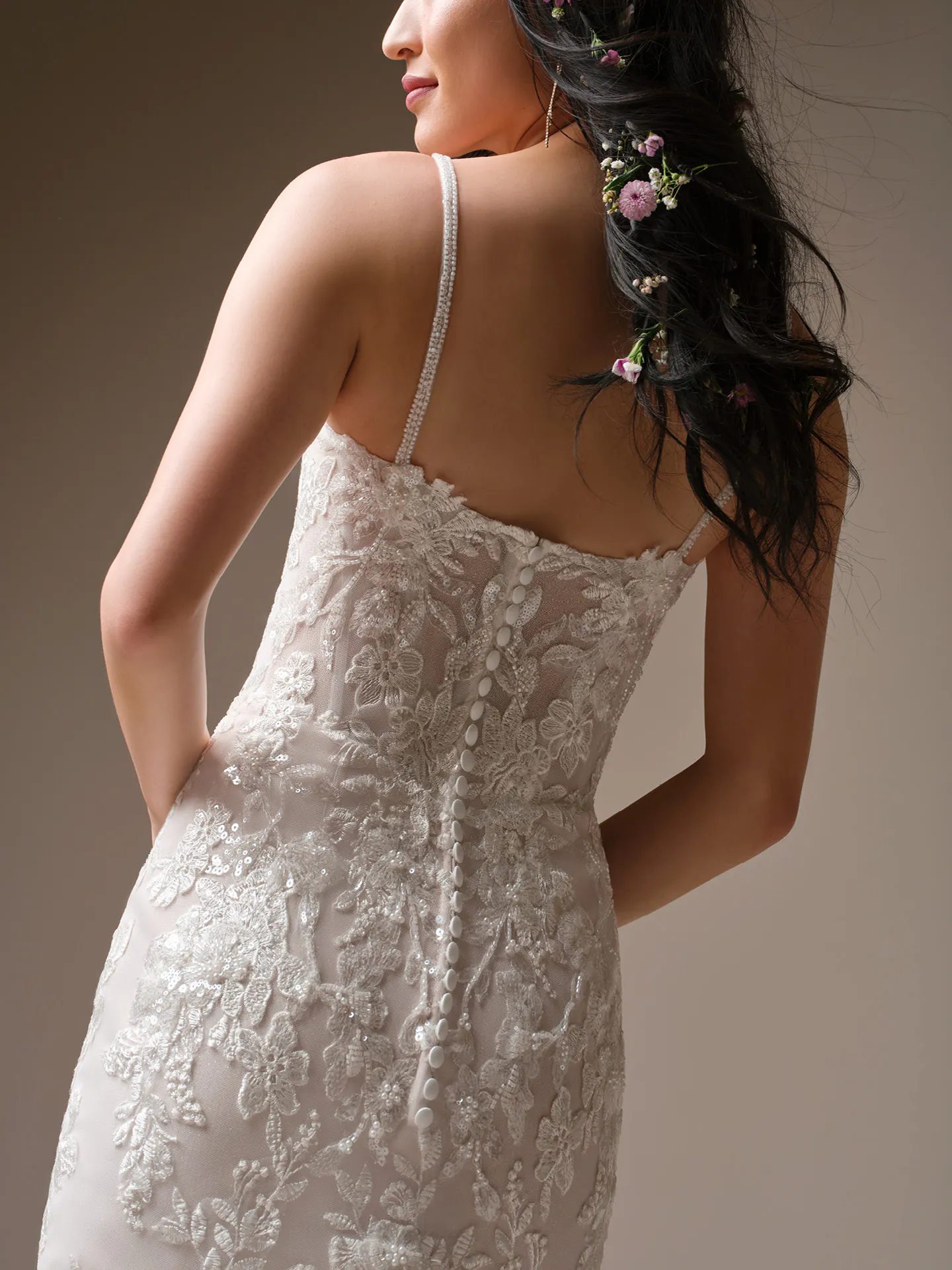 Rebecca Ingram Eden back view lace wedding dress with button detail