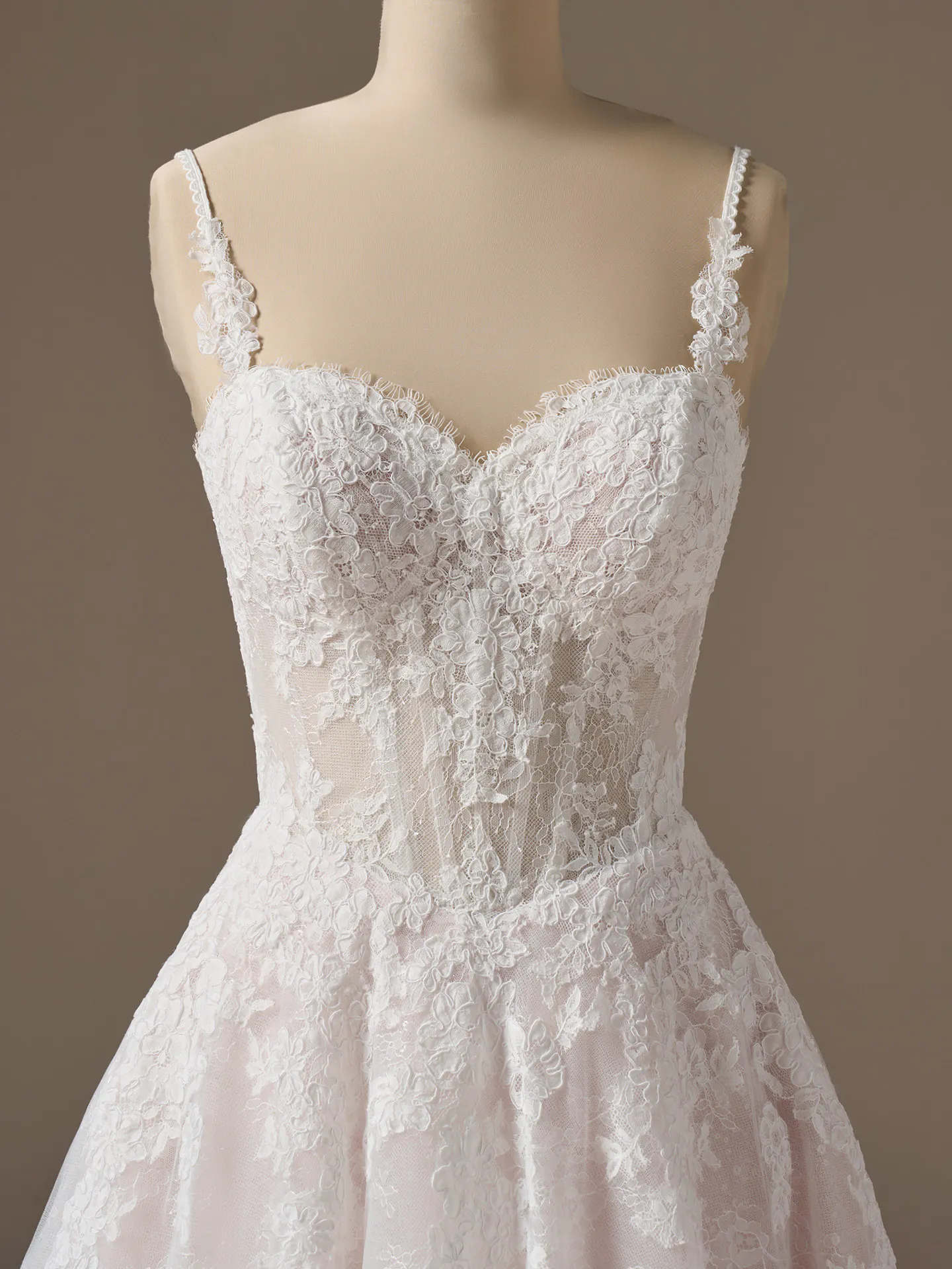 Esmeralda lace A-line gown front view with sweetheart neckline Rebecca Ingram