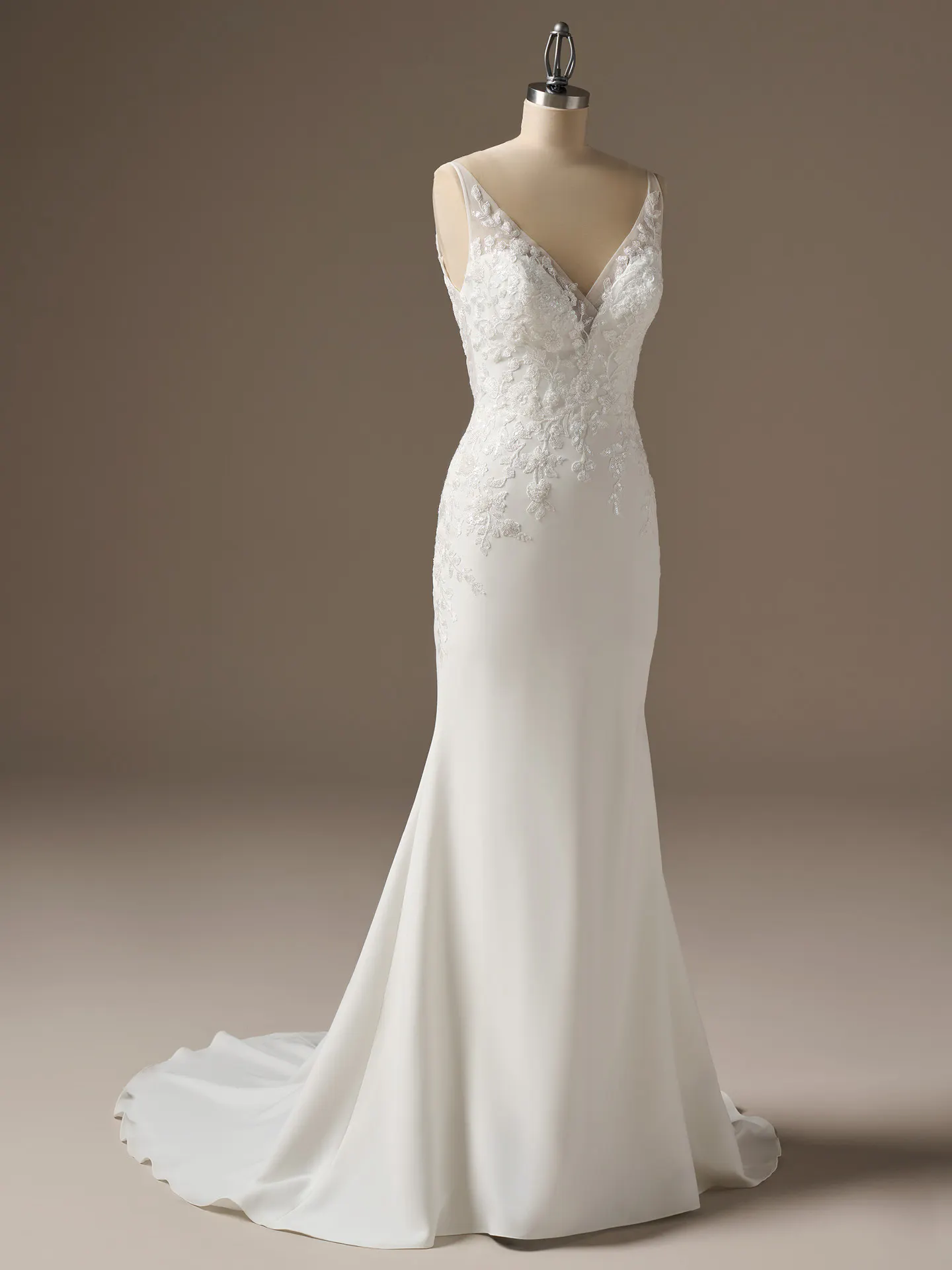 Rebecca Ingram Holly front view lace sheath wedding dress with deep V-neckline