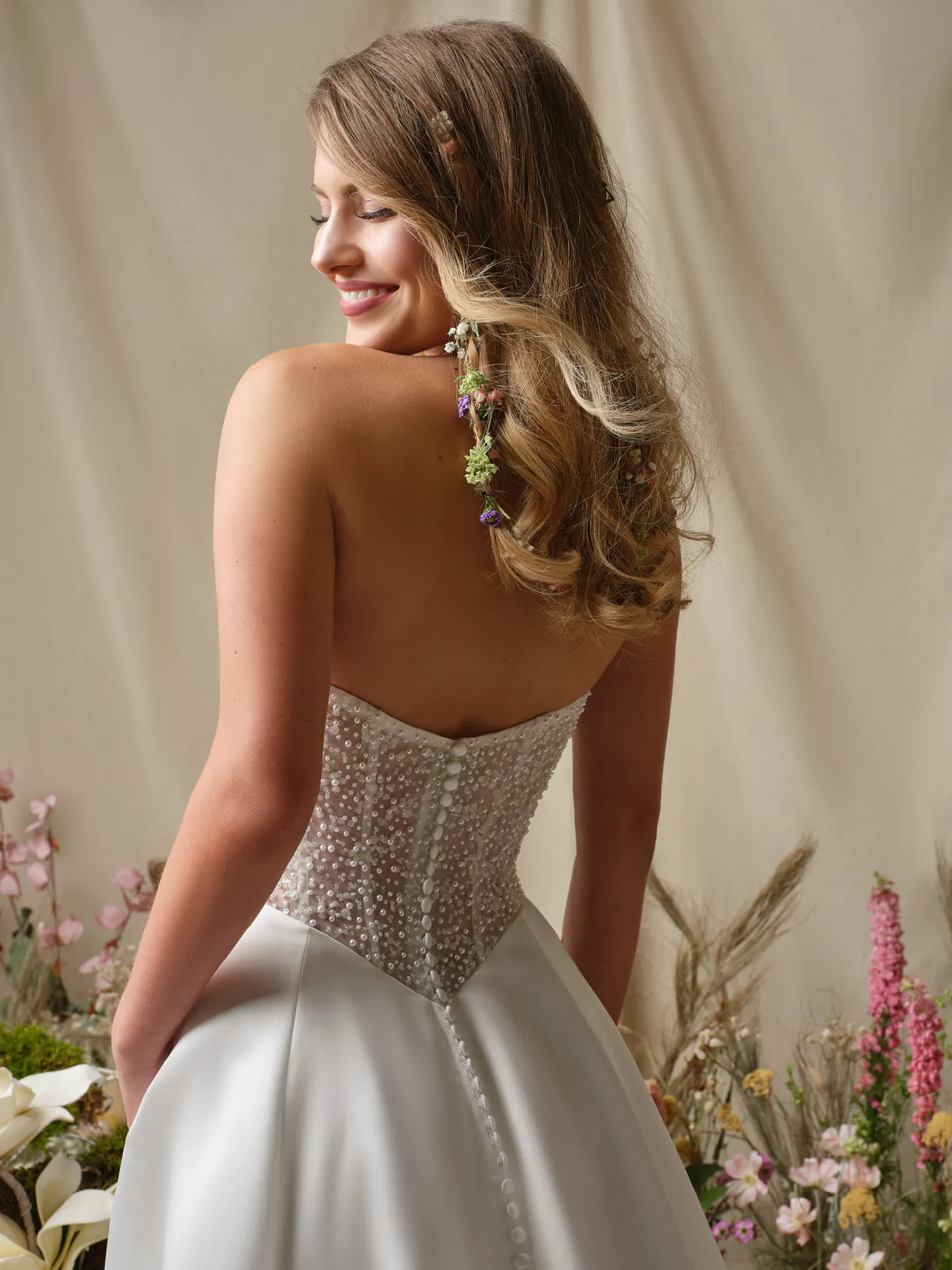 Rebecca Ingram Marty back view A-line dress with pearl accents and sweetheart illusion