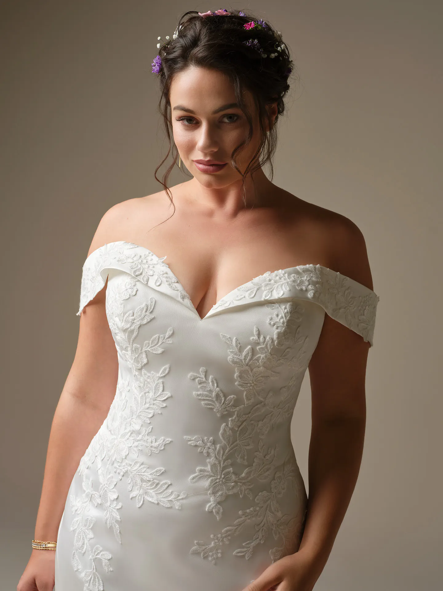 Rebecca Ingram Miley front view of off-the-shoulder sequined lace fit-and-flare wedding dress
