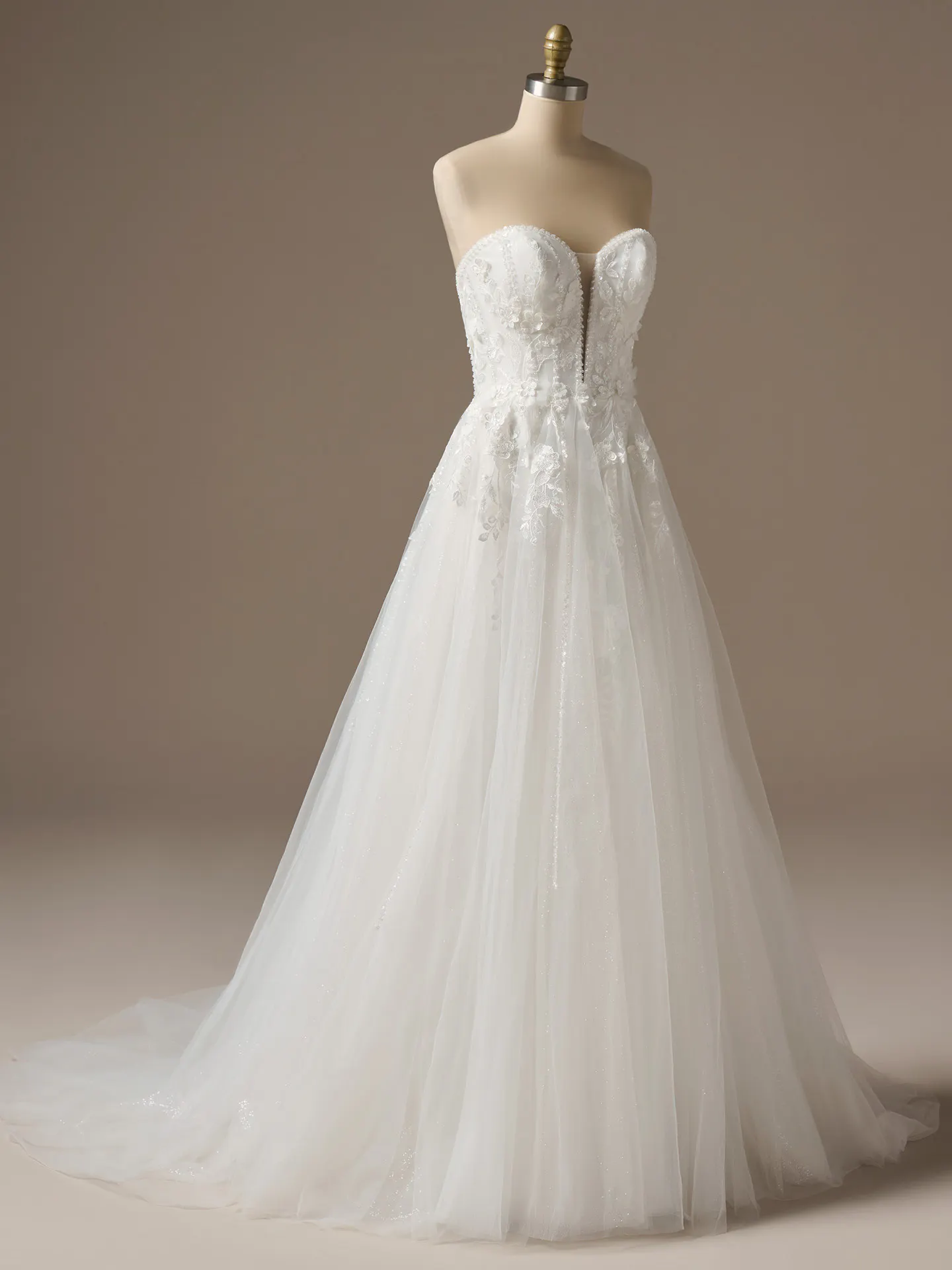 Rebecca Ingram Nora front view A-Line wedding dress with -D lace and plunge neckline