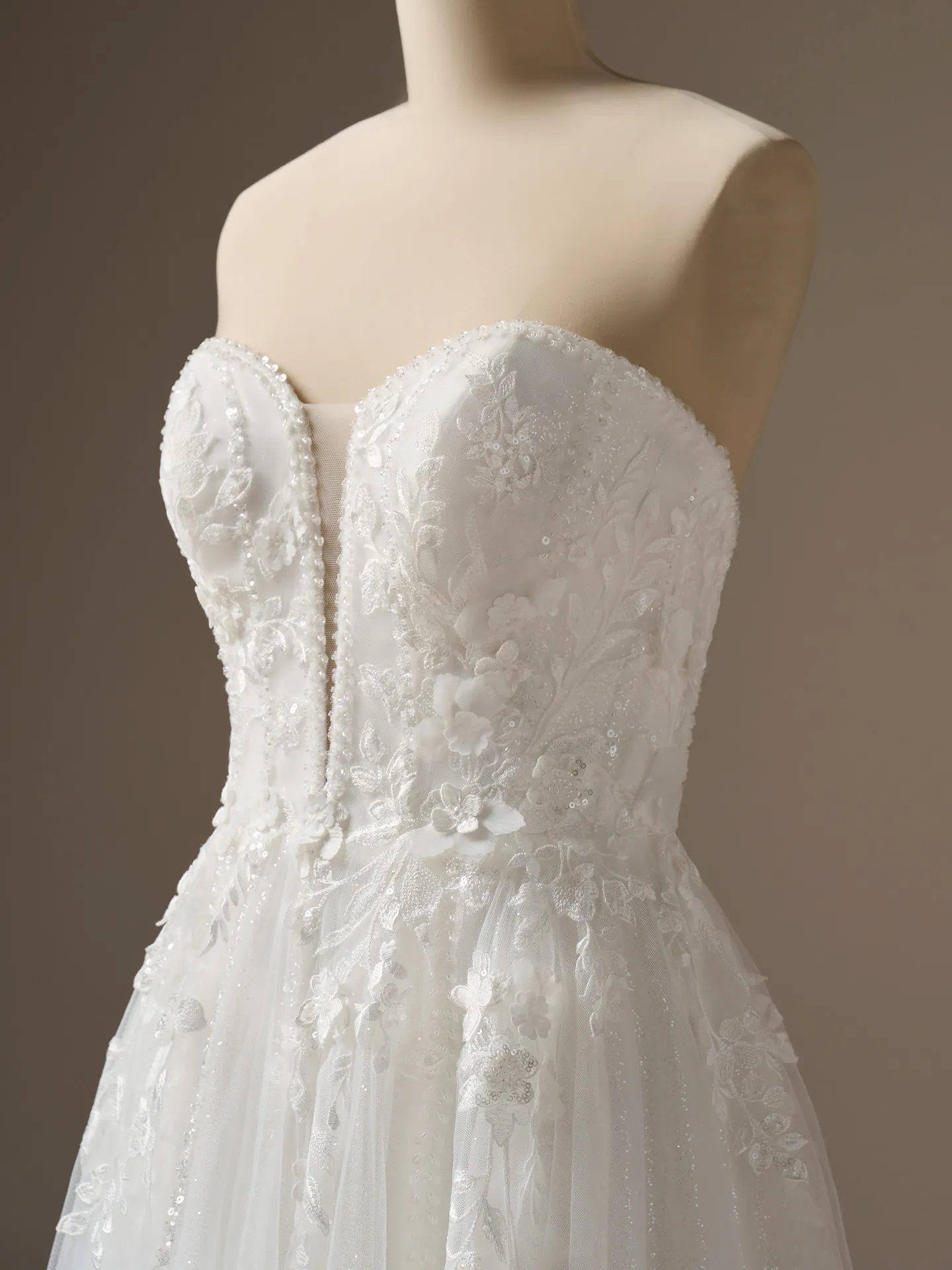 Rebecca Ingram Nora front view -D lace A-line wedding dress with plunge neckline
