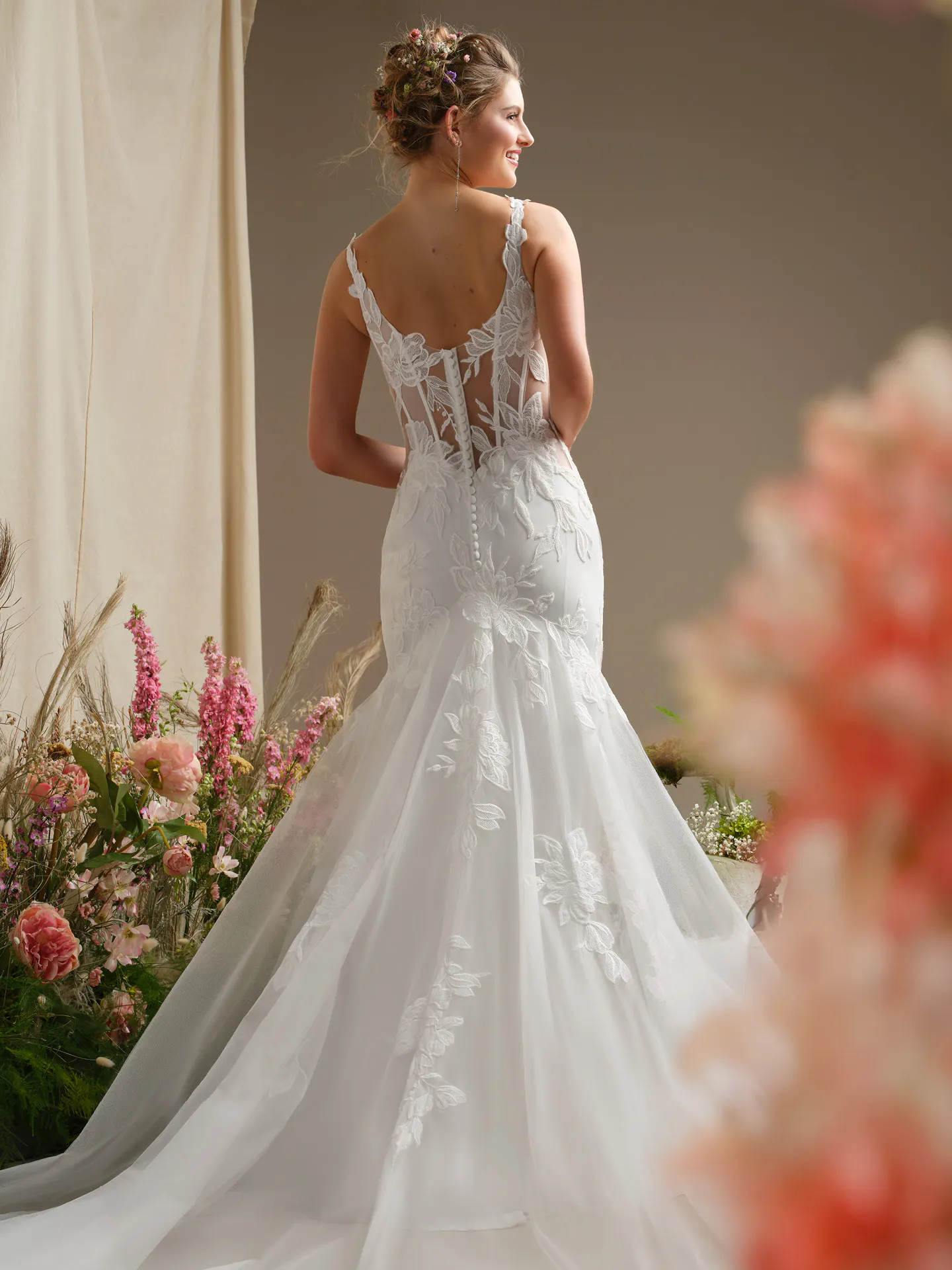 Rebecca Ingram Pearline back view, fit-and-flare wedding dress with floral detailing