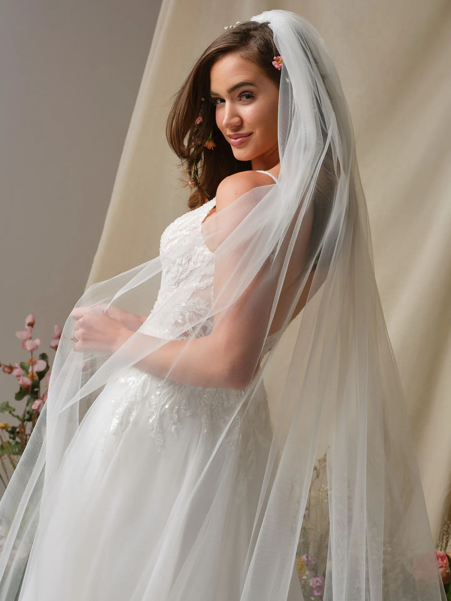 Rebecca Ingram Valarie side view lace A-line wedding dress with veil