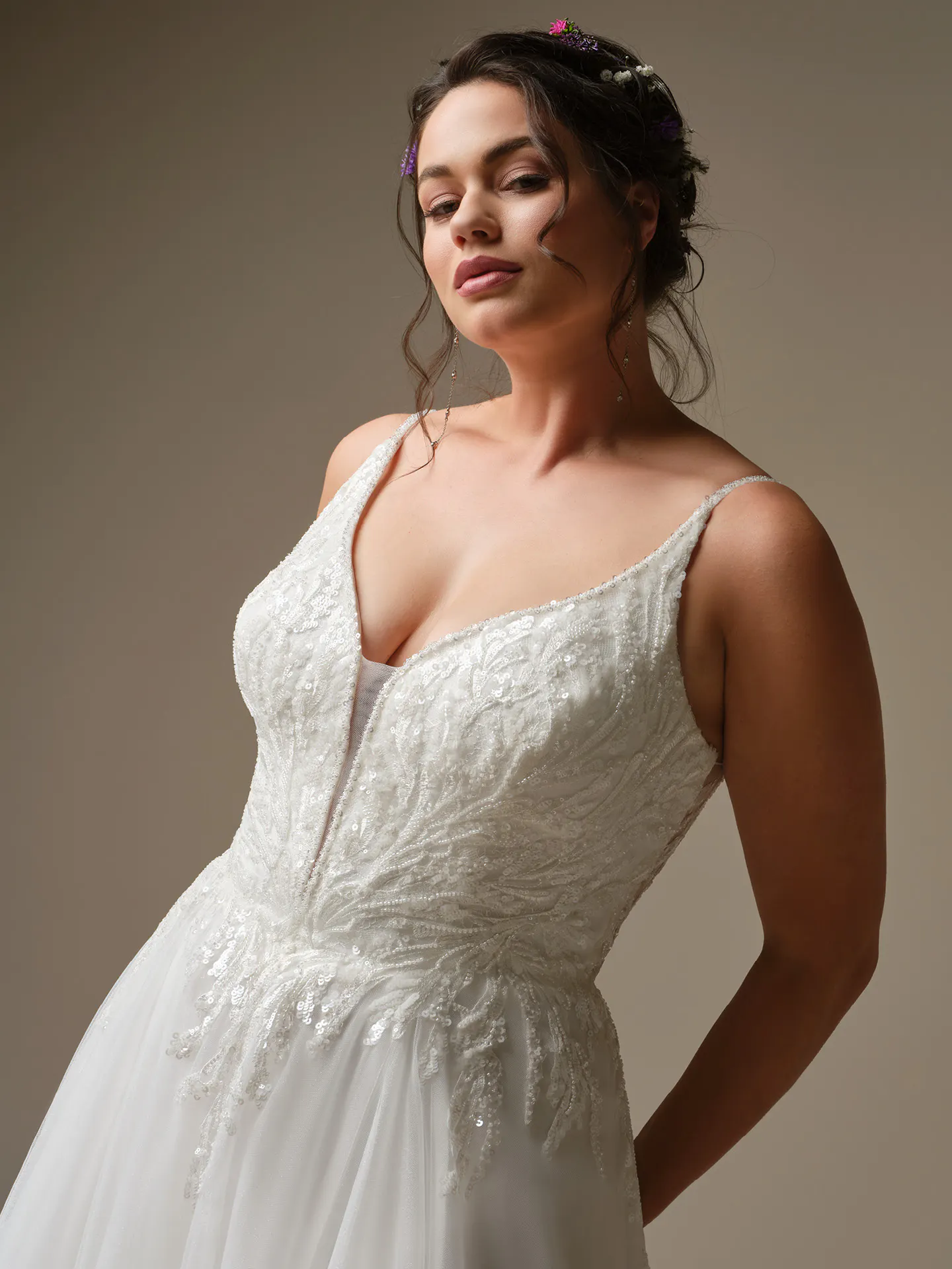 Rebecca Ingram Valarie front view plunging V-neck lace A-line wedding dress