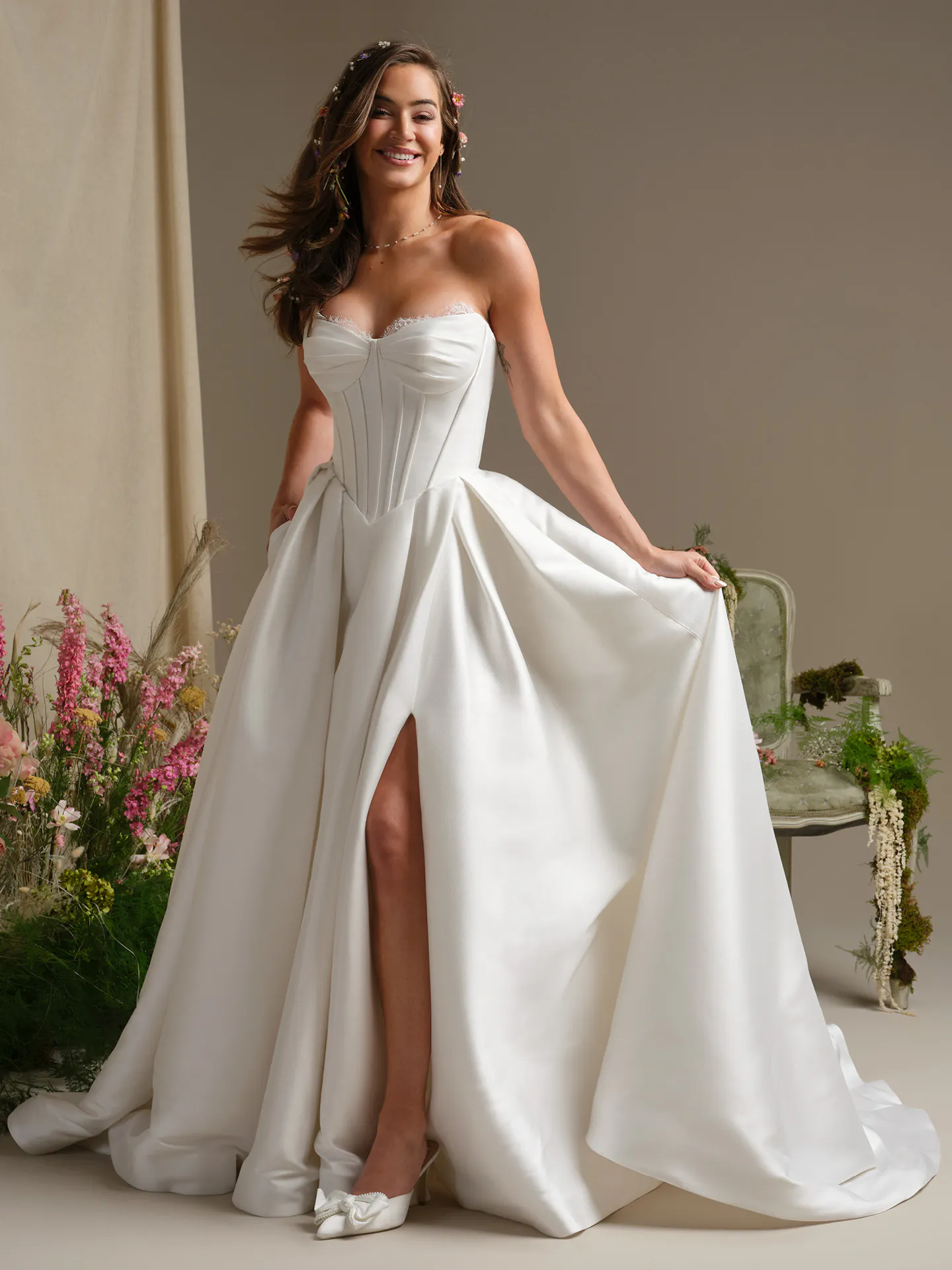 Rebecca Ingram Zorina front view, lace trim mikado ballgown with side slit