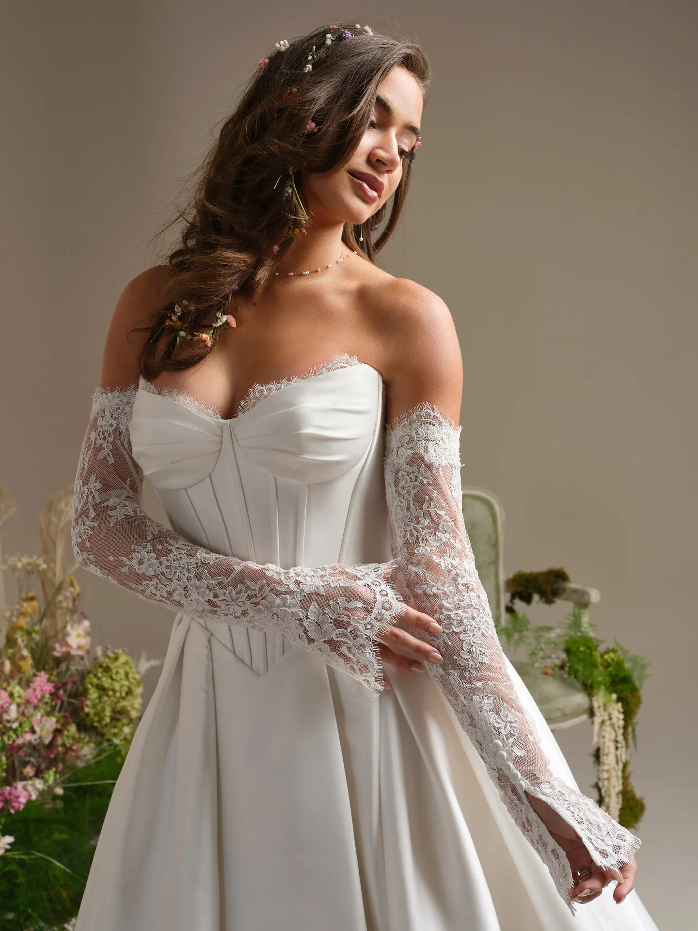 Rebecca Ingram Zorina lace sleeve ballgown wedding dress front view