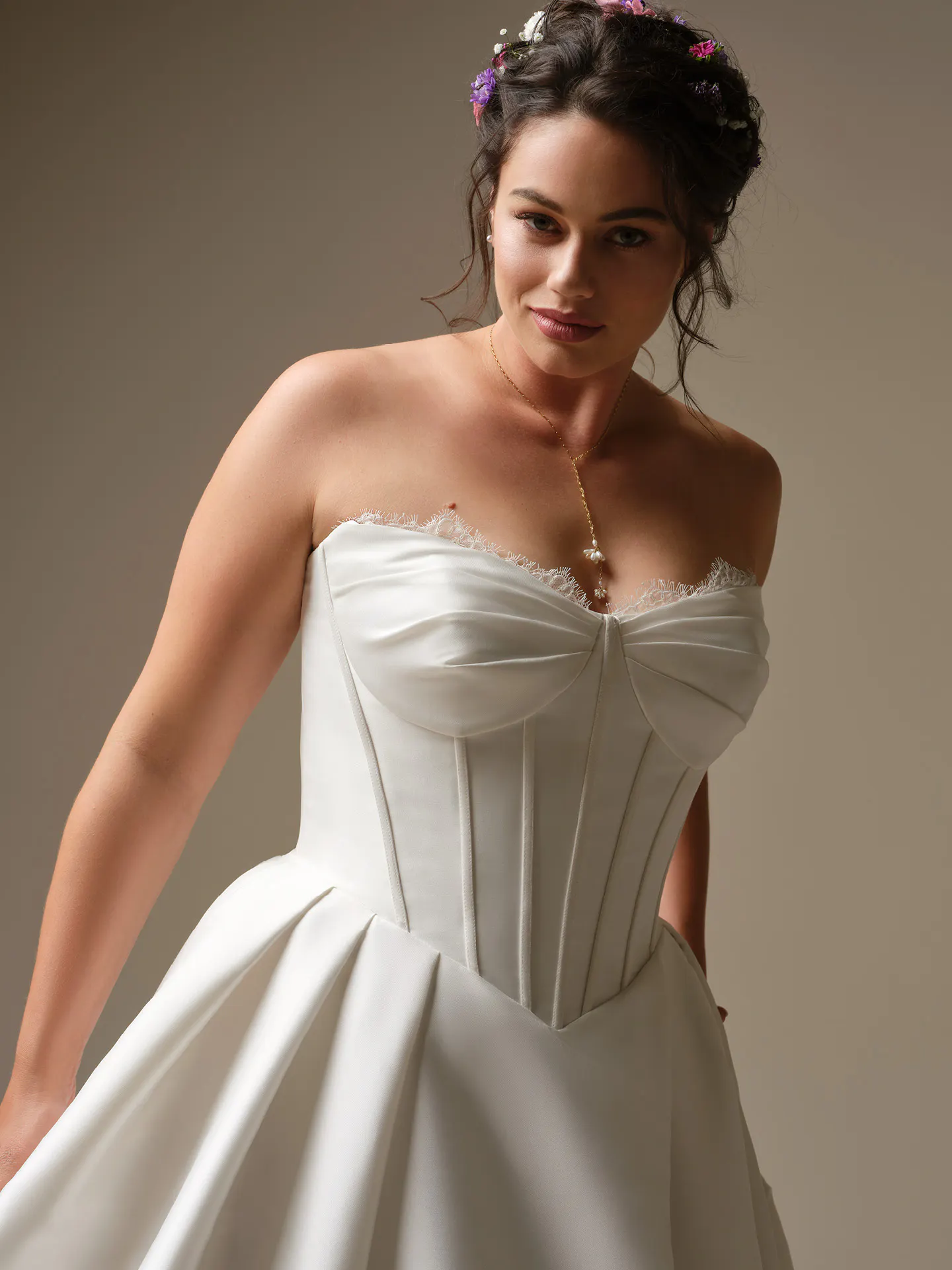 Rebecca Ingram Zorina front view, lace trim mikado ballgown with side slit