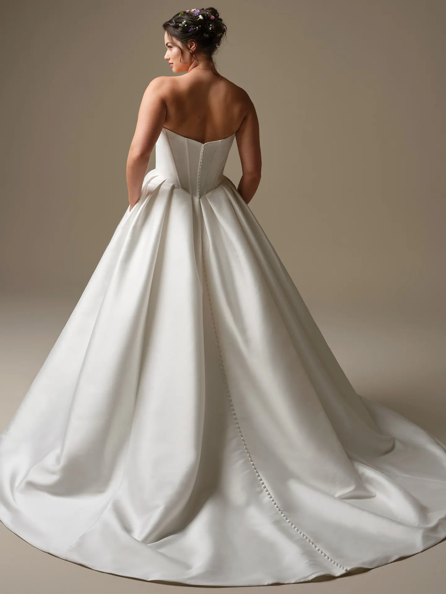 Rebecca Ingram Zorina back view ballgown with lace trim and side slit