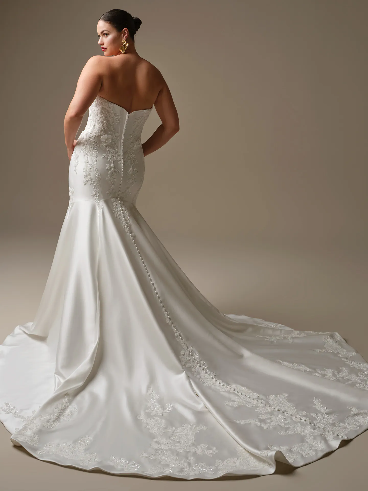 Maggie Sottero Burke, back view lace fit-and-flare wedding dress.