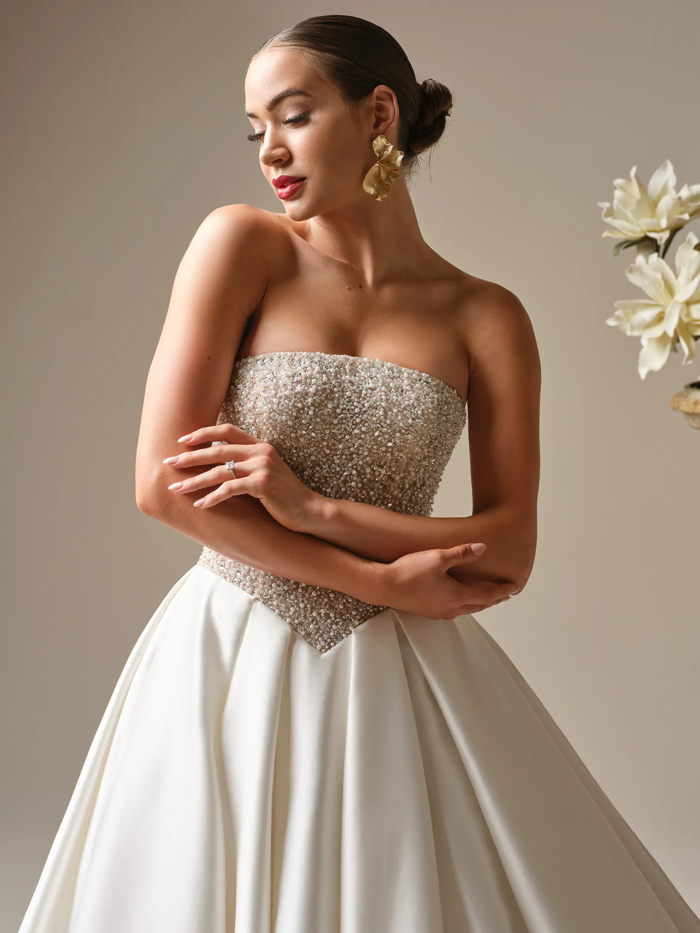 Sottero and Midgley Dmara, front view beaded bodice satin ballgown wedding dress.