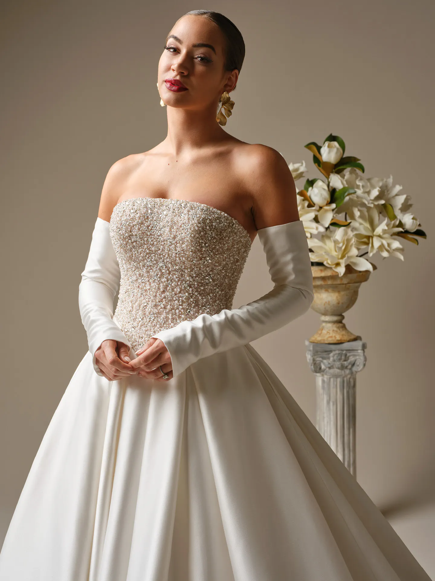 Sottero and Midgley Dmara beaded bodice satin ballgown, front view.