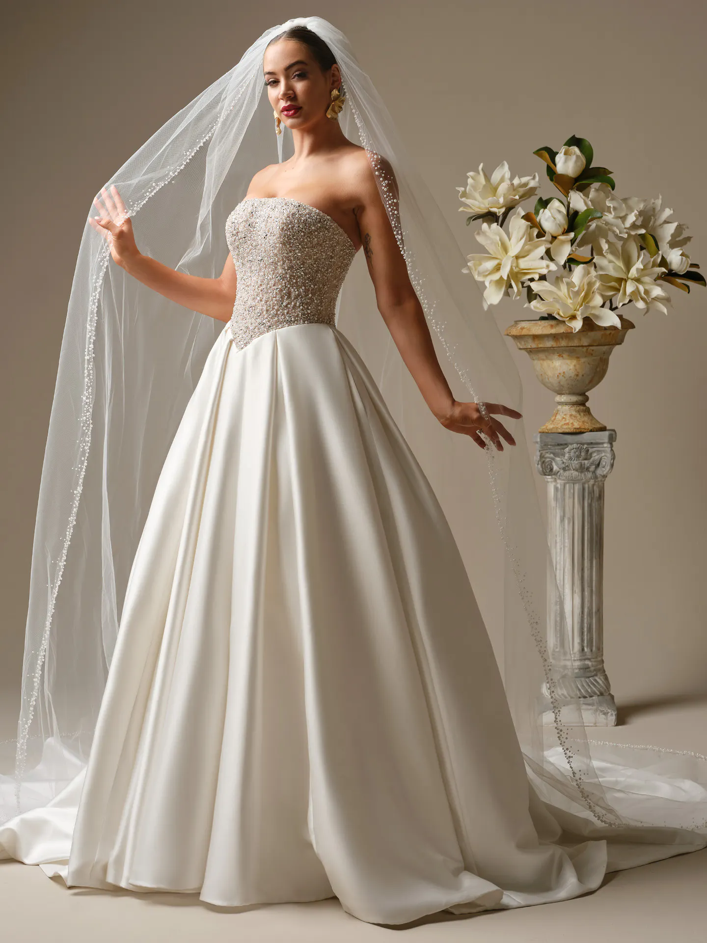 Sottero and Midgley Dmara beaded bodice satin ballgown, front view.